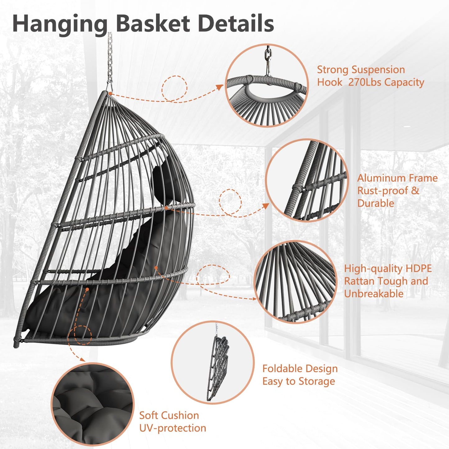 Hanging Egg Chair Without Stand, HDPE Rattan Foldable Swing Chair with Aluminum Frame & UV Resistant Cushion, Hammock Egg Basket for Indoor Outdoor Bedroom Garden, 350Lbs Capacity (Dark Grey)