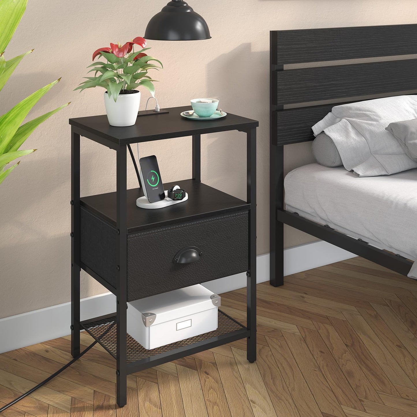 sthmec Nightstands Set of 2, Black Night Stands with Charging Station, Bedside Tables with Fabric Drawers PU Finish, 2-Tier Side Table with Open Shelf, Nightstands with Drawer,Black