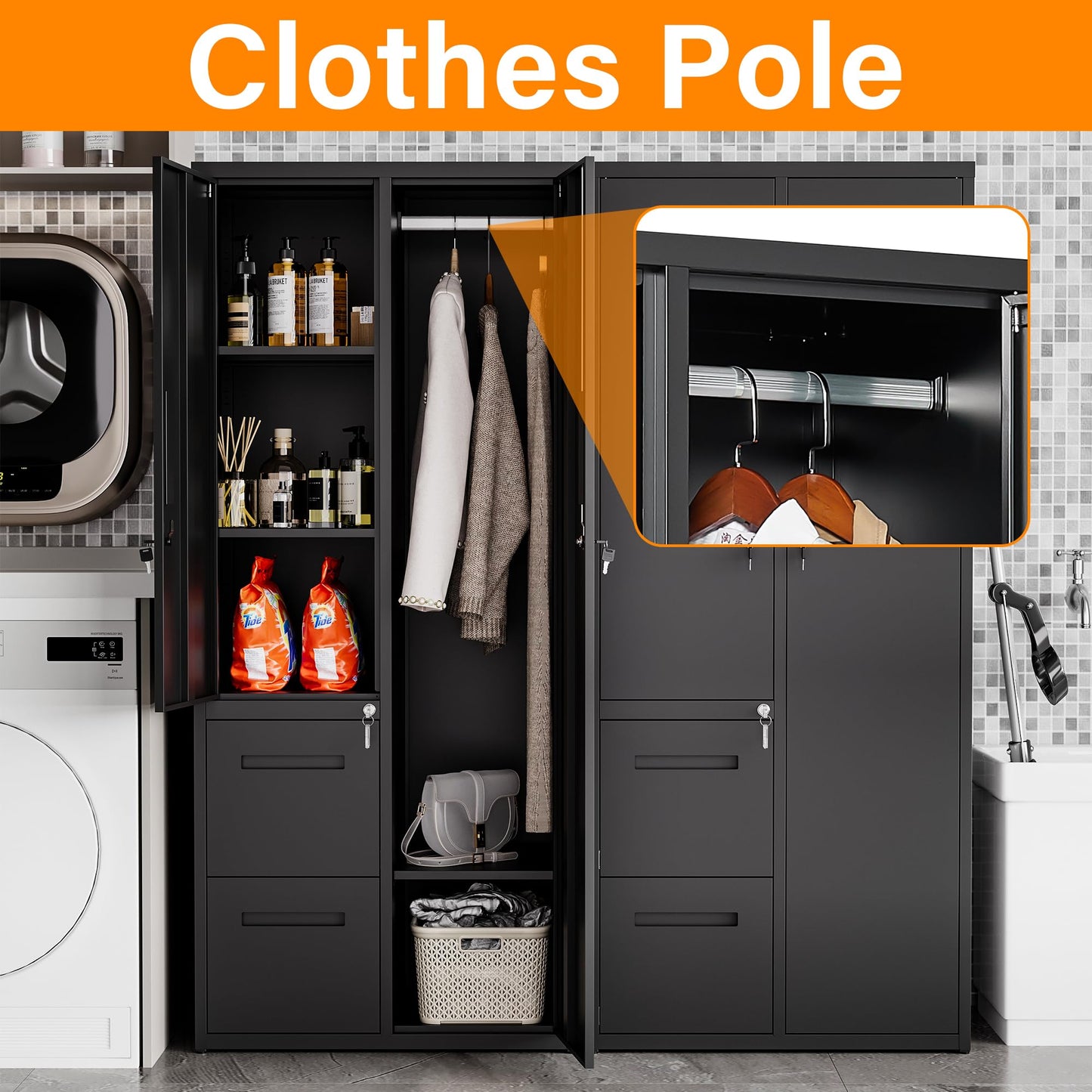 Anxxsu Metal Storage Cabinets Locker, 67" Locker with Clothes Rod, Lockable Freestanding Wardrobe for Office, Home, School, Laundry Room, Gym (Black)