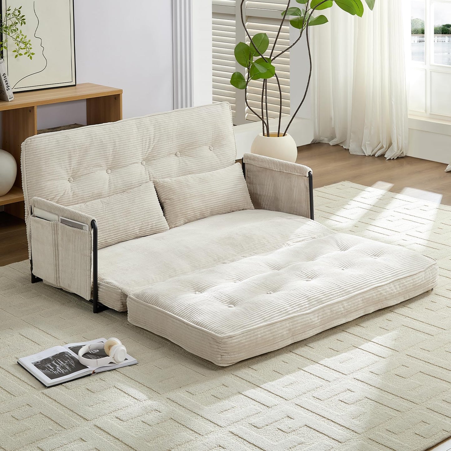 PUREMIND Adjustable Floor Sofa Couch with 2 Pillows, Convertible Pull Out Sofa Bed with Adjustable Backrest, Multi-Functional Lazy Armchair Sleeper Bed, Foldable Single Chairs for Living Room