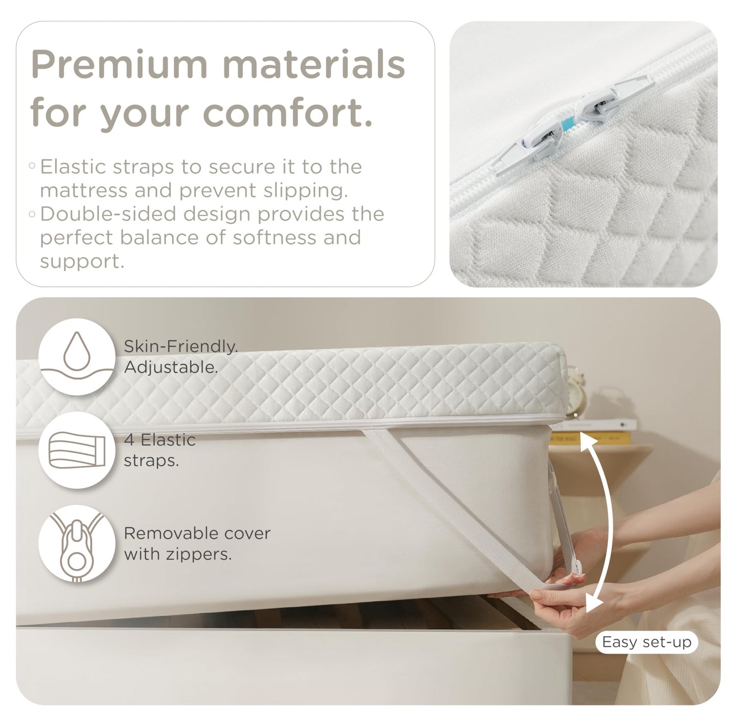 KUB 3 Inch Thick Memory Foam Mattress Topper Queen Size 60x80 Inch 3 Inch-Pain Relief Bed Topper with Breathable Cover White