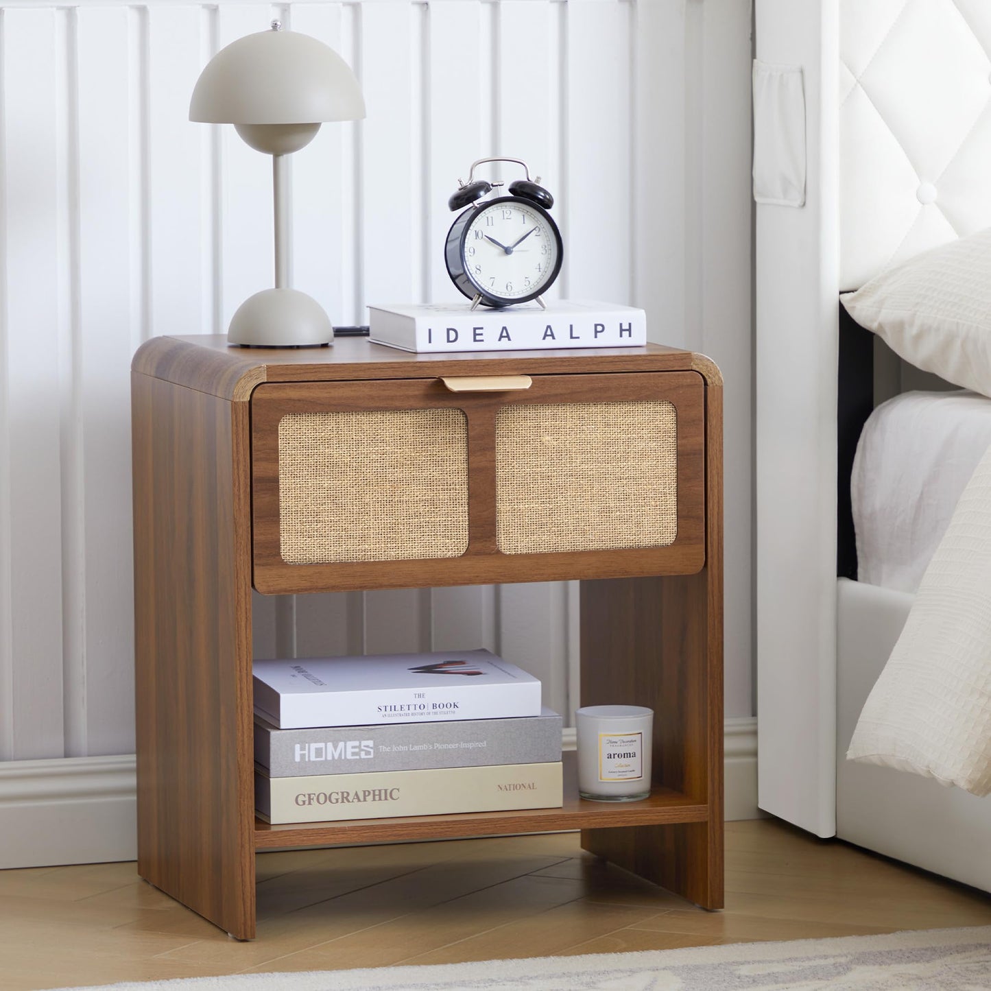 LEVNARY Nightstand Set of 2, Mid-Century Modern Bedside Table with Charging Station and Fabric-Like Textured Drawer, Wooden End Table for Farmhouse Bedroom Living Room (2, Walnut)