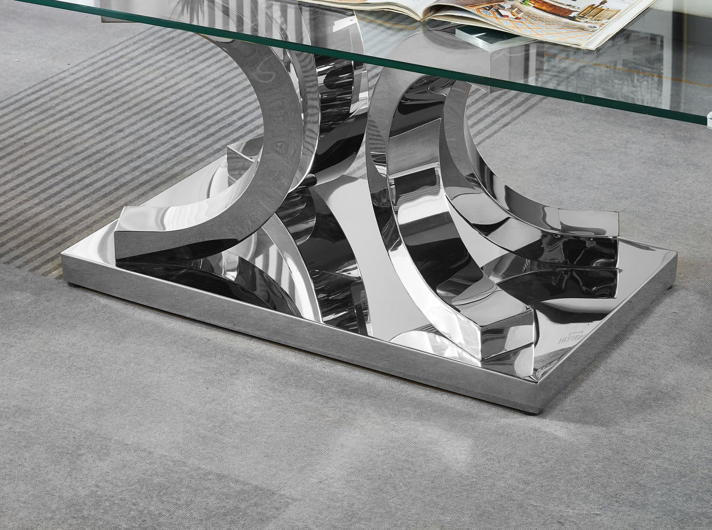 Henf 47" Glass Coffee Table Modern Glass Center Table, Luxury Rectangular Cocktail Table Accent Sofa Table with Tempered Glass Top and Silver Mirrored Stainless Steel Base for Living Room Apartment