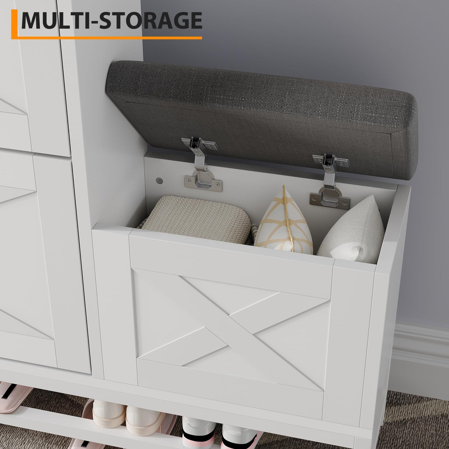 BouPower Shoe Cabinet with Bench, Farmhouse Narrow Slim Shoe Storage Cabinet 2 Flip Drawers for Entryway, Living Room, Hallway, White