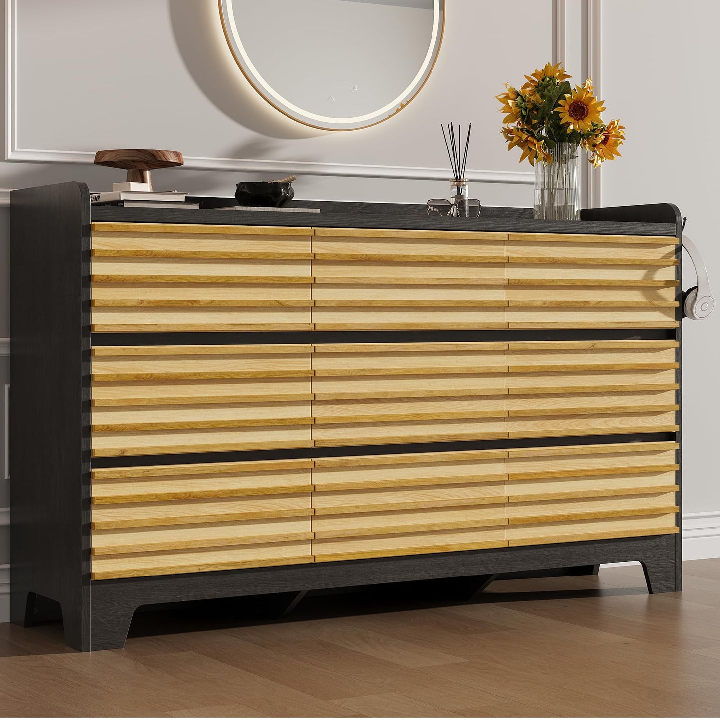 ANCTOR Fluted Dresser for Bedroom with 9 Drawers, 59" Wide Wood Chest of Drawers with 3 Hook and Elevated Tabletop, TV Stand with Drawers, Large Drawer Dresser for Bedroom, Living Room, Hallway, Black