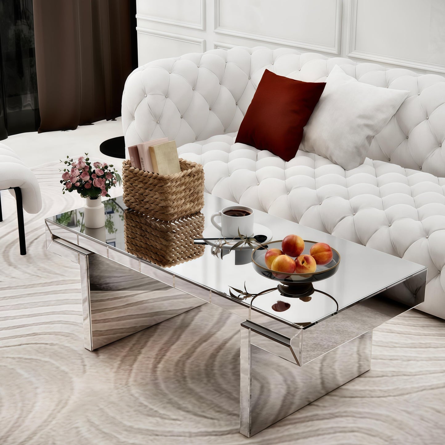 Silver Mirrored Coffee Table, 48" Rectangle Modern Coffee Table with Fluted Tempered Glass, Luxury Mirrored Center Table Accent Coacktail Tea Tables for Living Room Home Office
