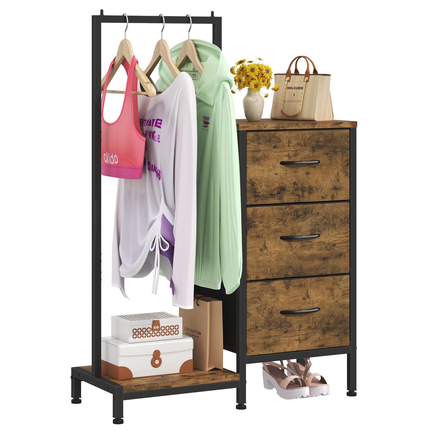 AFLUI Dresser for Bedroom with Hanging Rack, 3 Drawers Dresser for Bedroom - Rustic Brown