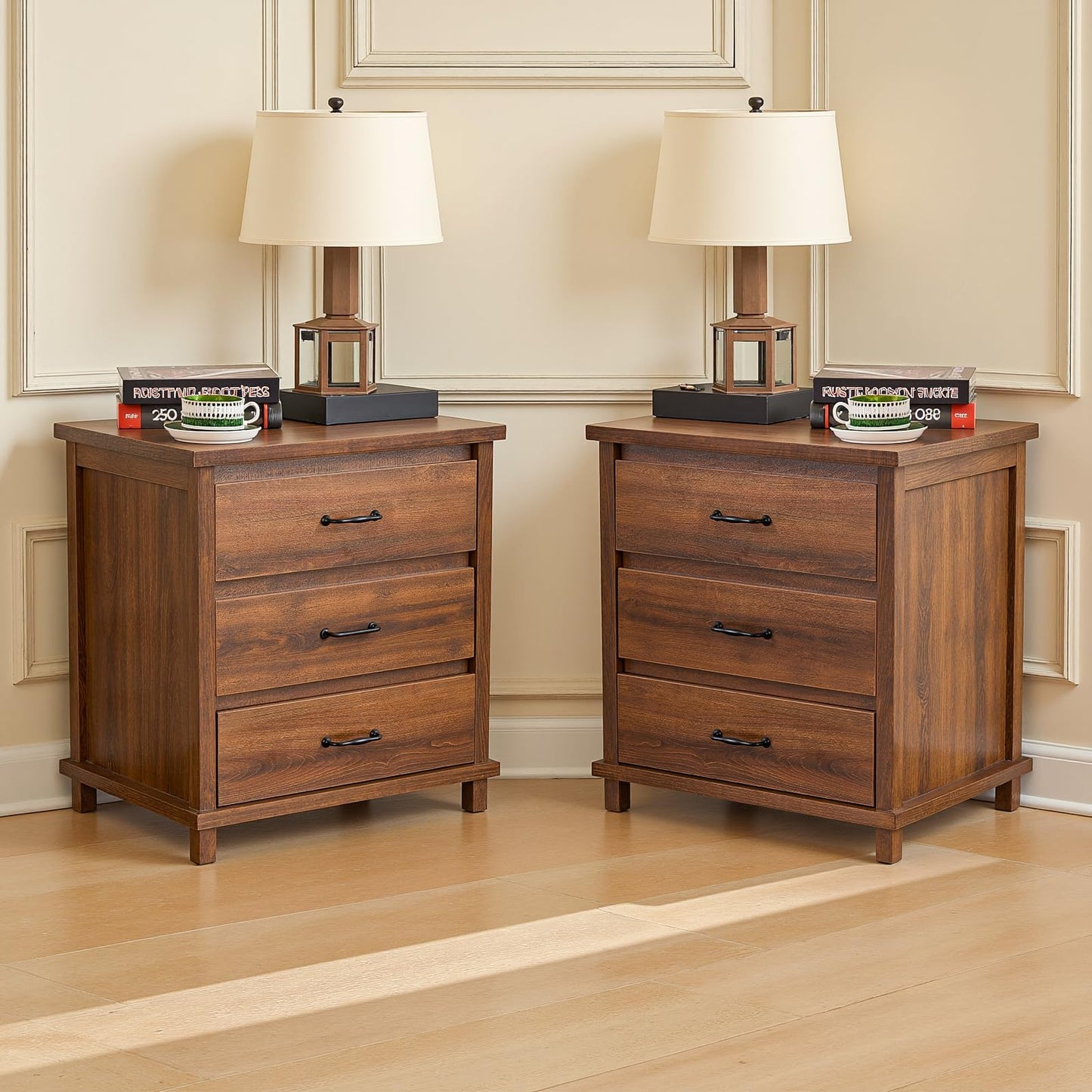 Miscoos Night Stand Set 2, Wooden End Table, Rustic Night Stands for Bedrooms Set of 2, Tall Bedside Table with Drawers for Bedroom, Home Office