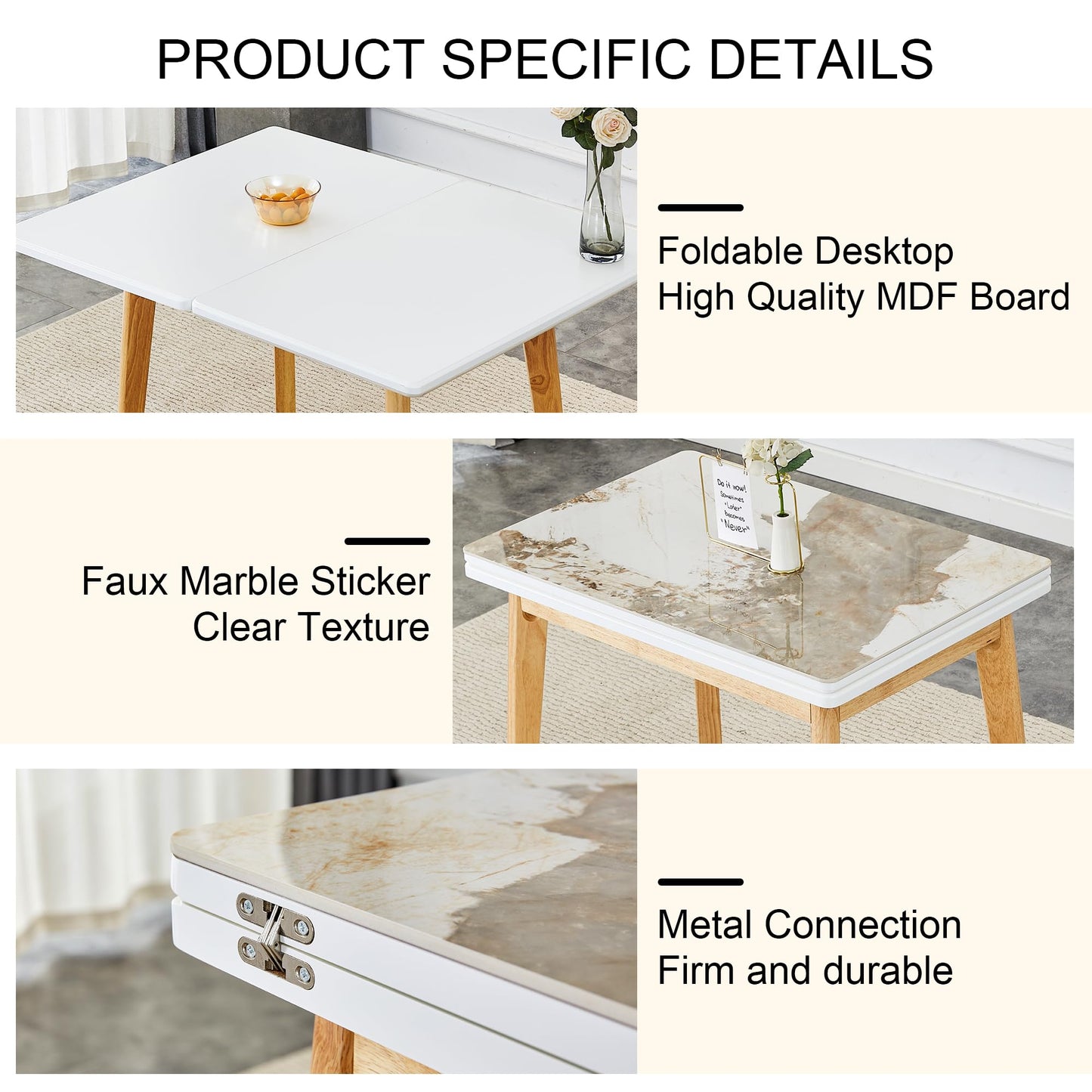MEMUY 5 Piece Dining Table Set,Folding Dining Table with Chairs Set,35.4-47.2" Small Kitchen Table Set for 4,Marble Dining Table Set for 4 Space Saving,White Dining Room Table Set for 4,Apartment