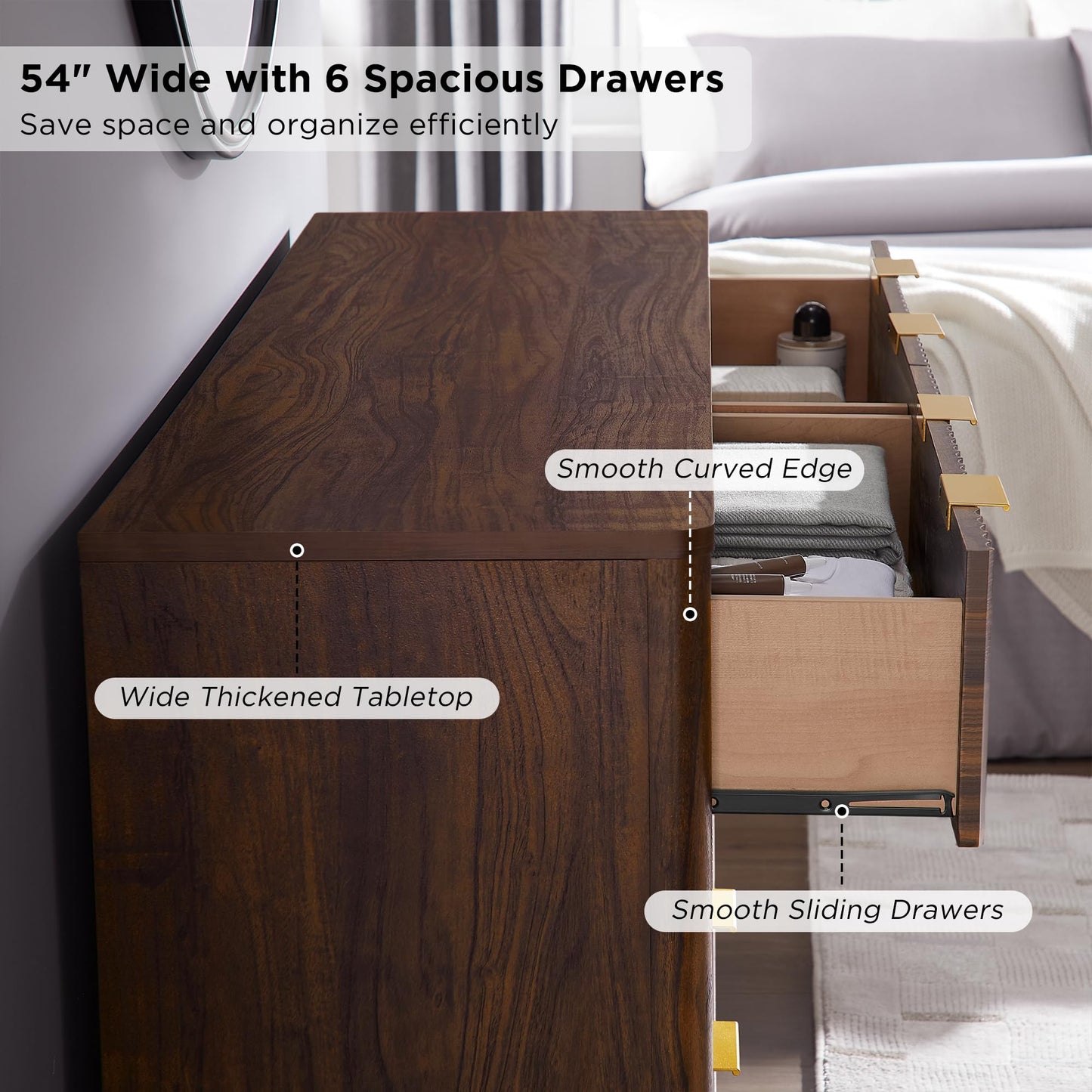 T4TREAM Fluted 6 Drawers Dresser, 54" Wide Modern Chest of Drawers, Curved Profile Design, Dresser TV Stand, Wood Drawer Organizer for Bedroom, Living Room, Hallway, Dark Walnut