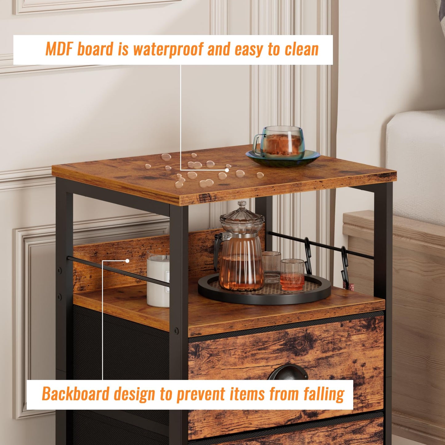 Furologee Nightstands Set 2, Bedside Table with 2 Fabric Drawers, End Table with Hooks and Shelf, Side Table for Bedroom/Living Room/Study/Hallway/Brown