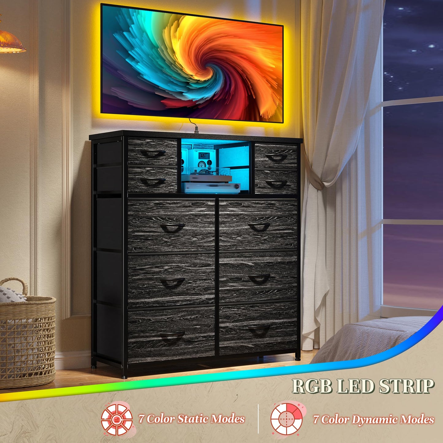 DurayLoly Dresser for Bedroom with Charging Station and LED and 10 Fabric Drawers, Sturdy Bedroom Dresser for Storage, Closet, Hallway (Black)
