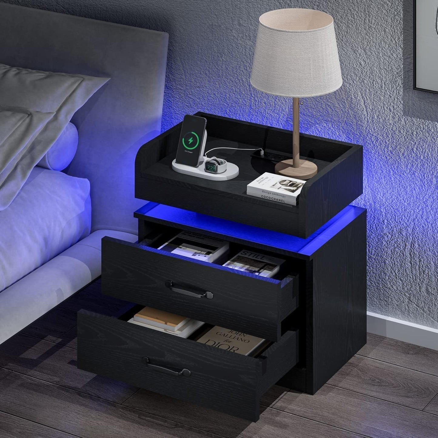 Black Nightstand with Charging Station, Night Stand with LED Lights, Modern Led End Table, Nightstand for Bedroom, Night Stand with 2 Drawers, Bed Side Table with Storage for Living Room