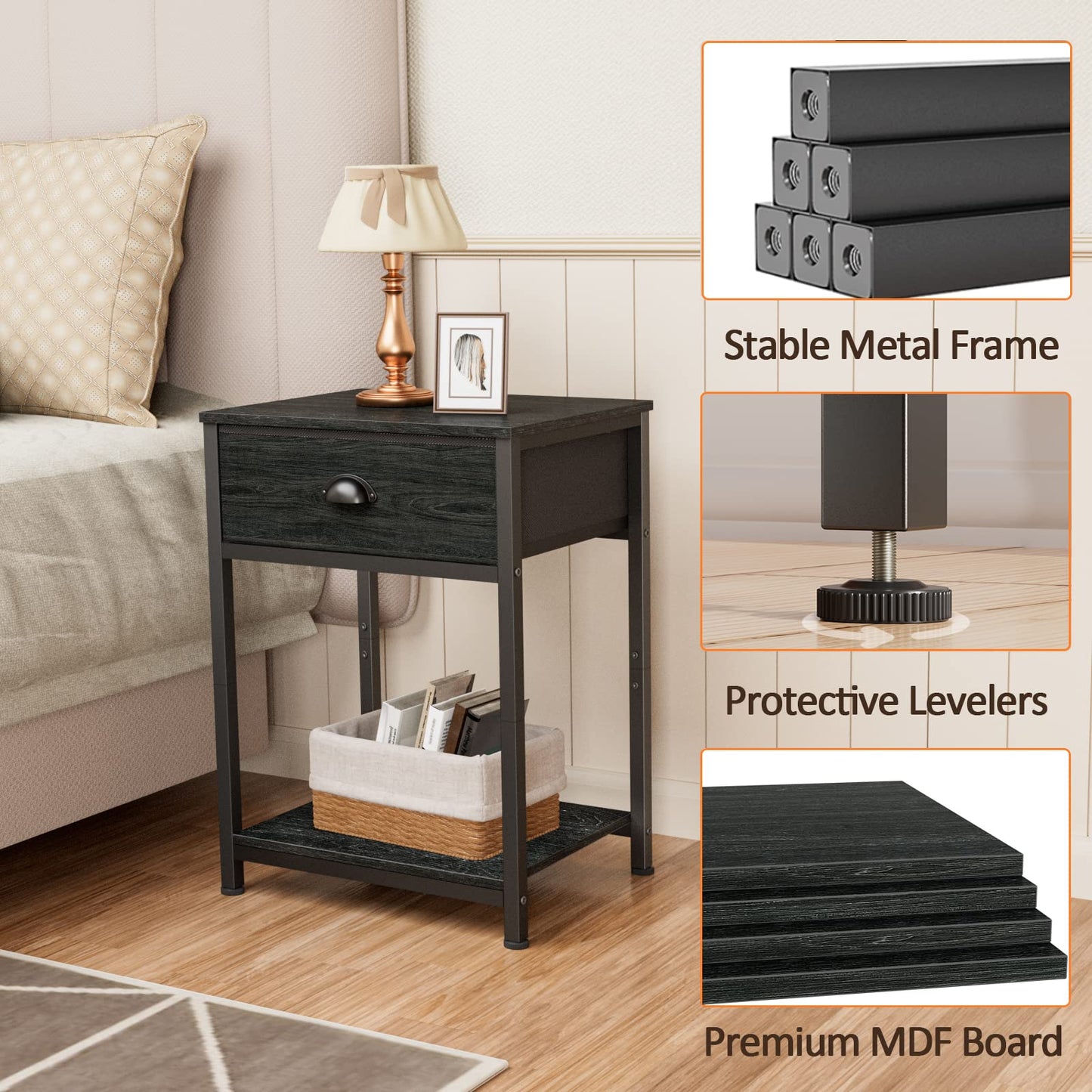 Furologee Nightstands Set of 2, Industrial End Table with Fabric Drawer&Storage Shelf, Small Bedside Table Organizer for Small Space for Living Room, Tall 23.6" Night Stand for Bedroom, Black Oak