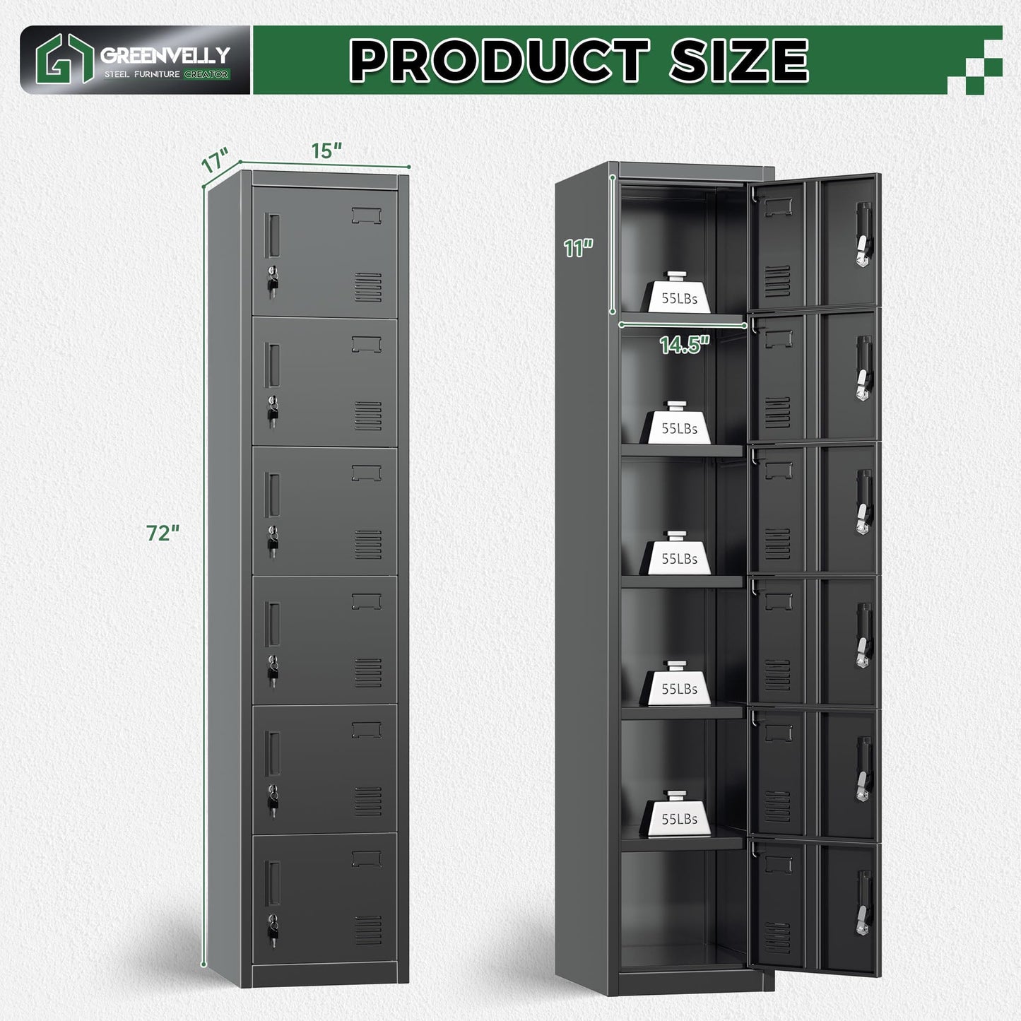 Greenvelly 72" Locker, Metal Lockers for Employees with 6 Doors and Keys, 6-Tiers Black Lockable Steel Storage Locker for Gym,School,Office,Sports,Card Slots,Vents