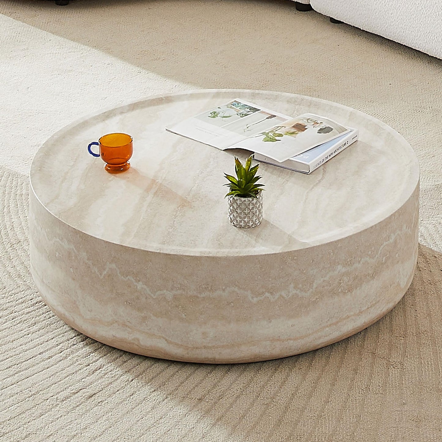 KEVINSPACE Travertine Coffee Table Round CoffeeTables for Living Room Modern Faux Marble Center Circle Table Concrete Accent Table Farmhouse Drum CoffeeTable for Apartment Bedroom Fiberglass ø31.5