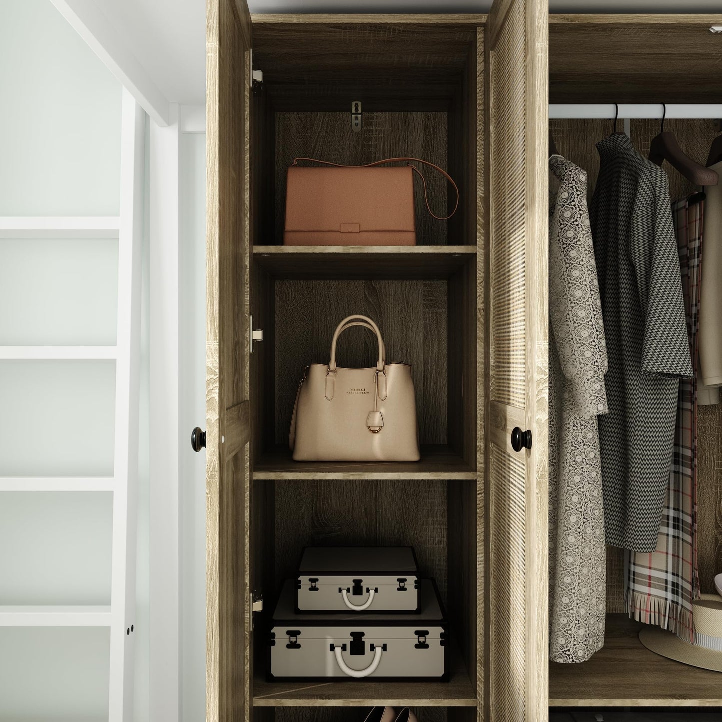 Homsee 3-Door Rttan Wardrobe Armoire Closet, Bedroom Cabinet Armoire with 3 Rattan Doors, 3 Drawers, Hanging Bar & 6 Shelves, Light Brown