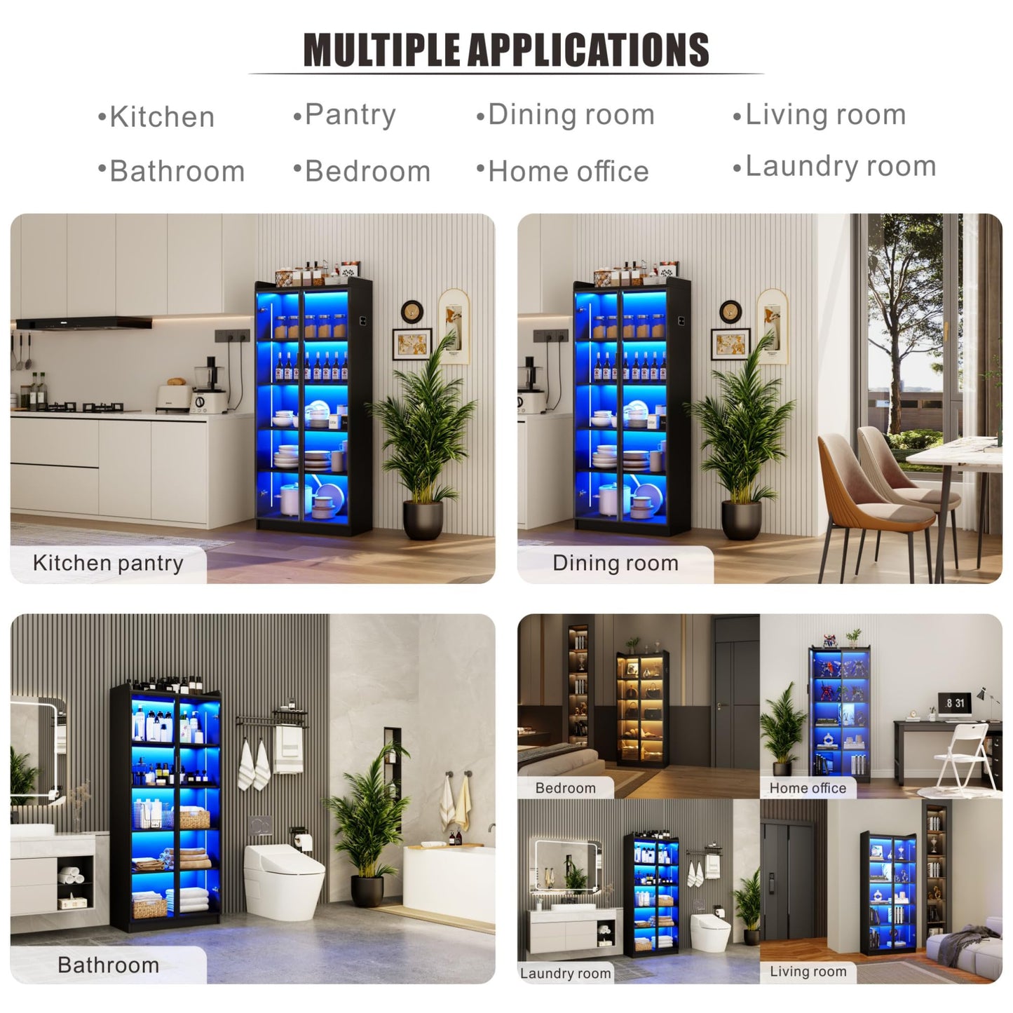 Display Cabinet with Doors and Adjustable Shelves, 65" Tall Bookcase with LED Lights/Human Sensor, 5 Tier Display Case for Collectibles Bedroom Living Room Office, Black