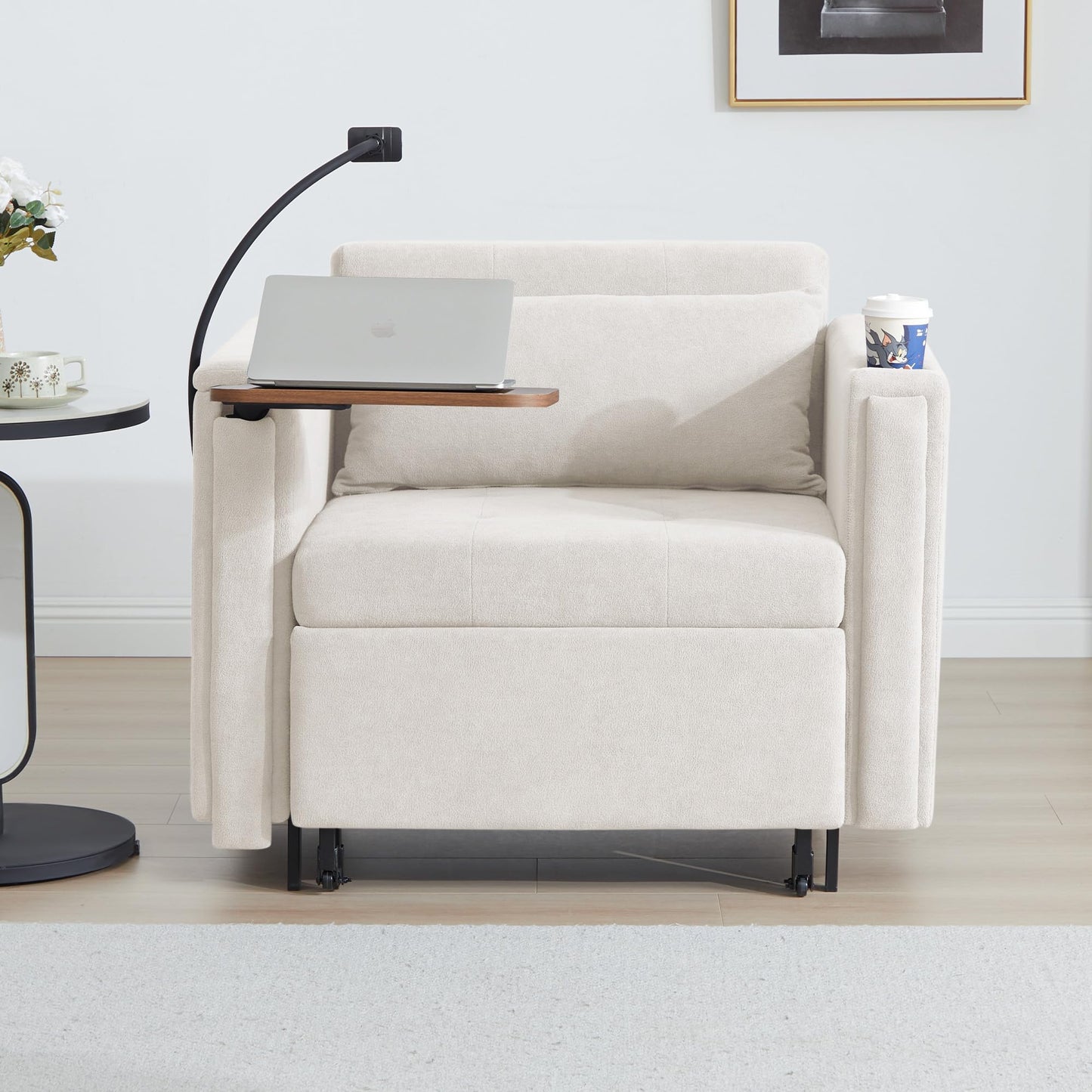LEVNARY 3-in-1 Convertible Sleeper Chair Pull Out Bed, Single Sofa Chair Sleeper for Adults with Hidden Side Table, Modern Chenille Fabric Armchair for Bedroom Dorm Home Office (Beige)