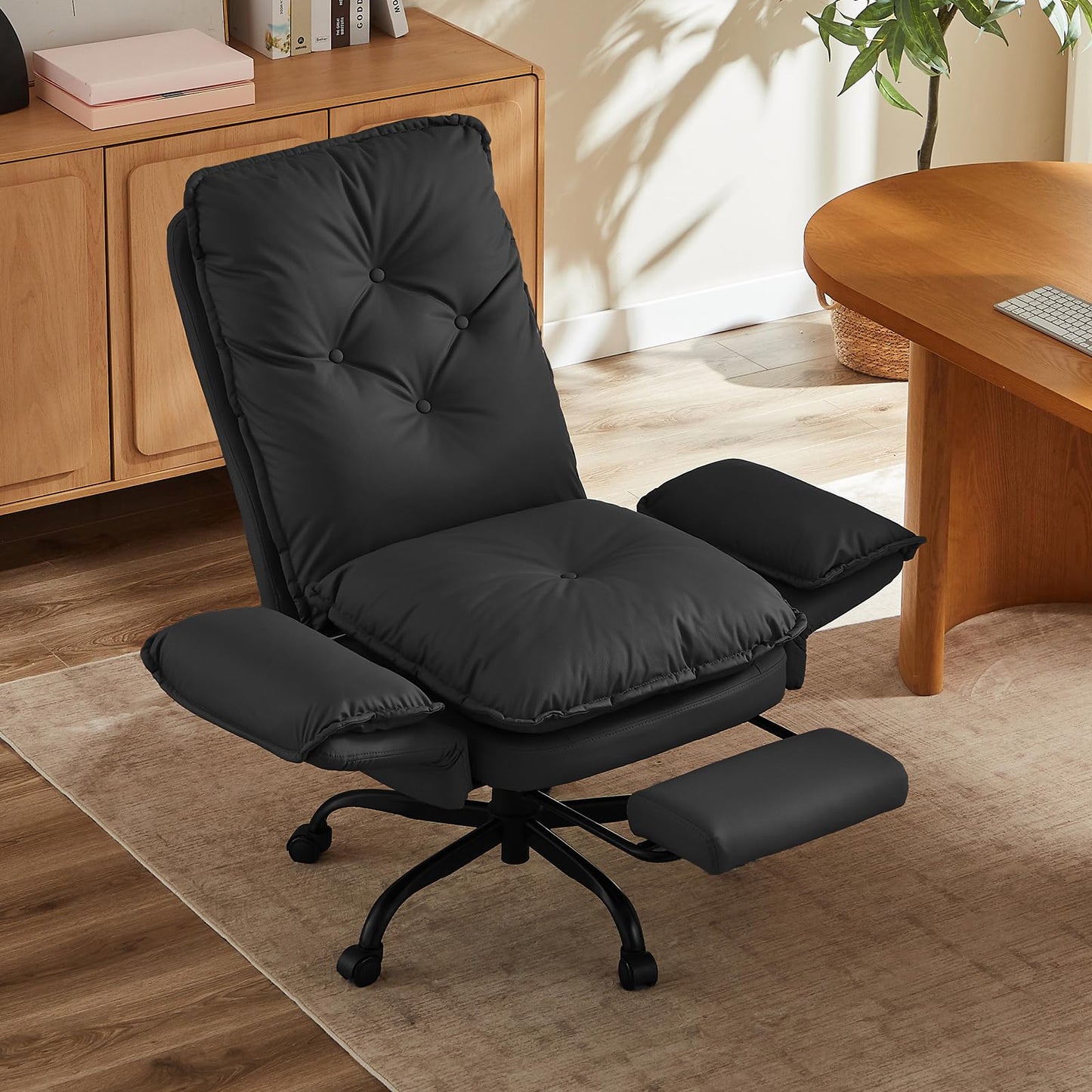 Bestier Cross Legged Office Chair with Footrest, High Back Criss Cross Chair with Reversible Armrests and Wheels, Big and Tall Reclining Office Chair for Home (Black, PU Leather)