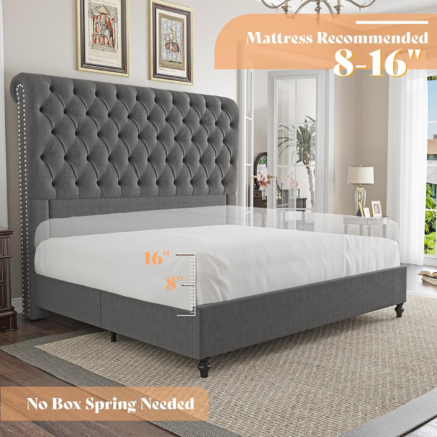 AMERLIFE King Size Bed Frame with 60" Tall Wingback Headboard, Velvet Upholstered Platform, Button Tufted Sleigh Design, No Box Spring Needed,Grey
