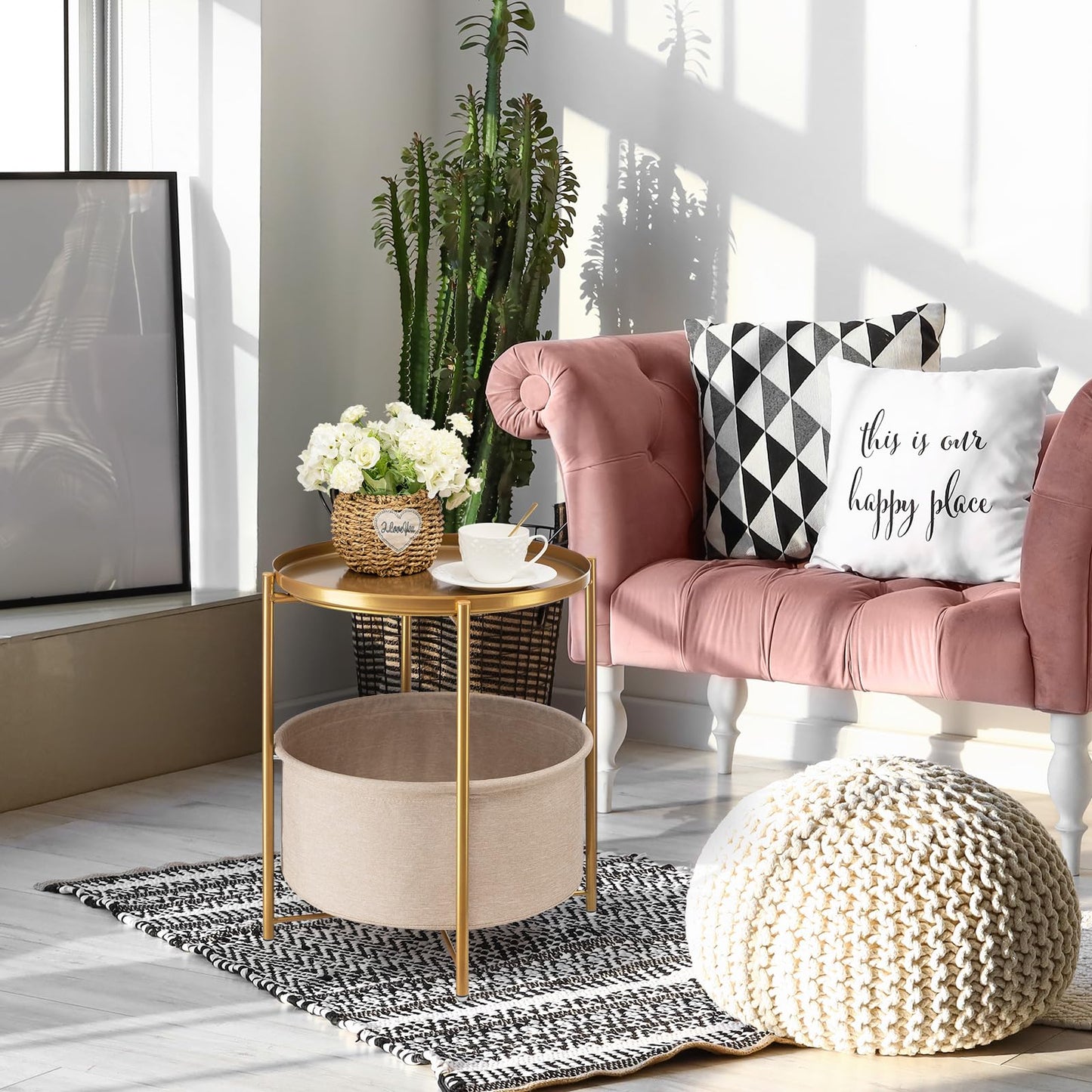 danpinera Round Side Table with Fabric Storage Basket, Metal Side Small Bedside Table Nightstand with Removable Tray Top for Living Room, Bedroom, Nursery, Laundry, Gold