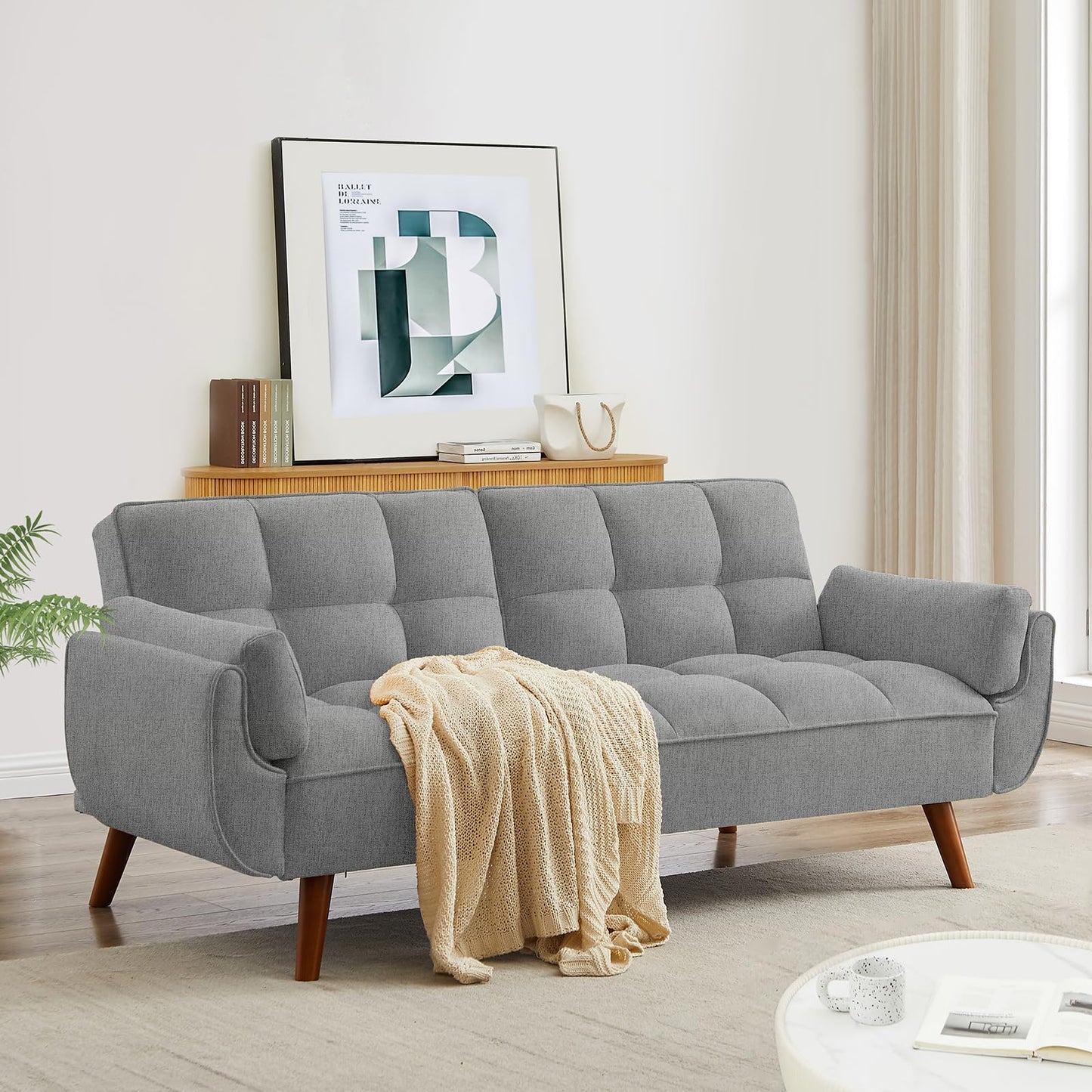 Homies Life Convertible Futon Sofa Bed, Linen Sleeper Couch, 75" W Modern 3 Seater Tufted Sofa with Adjustable Backrests and Solid Wood Legs for Living Room, Bedroom, Small Space, Gray
