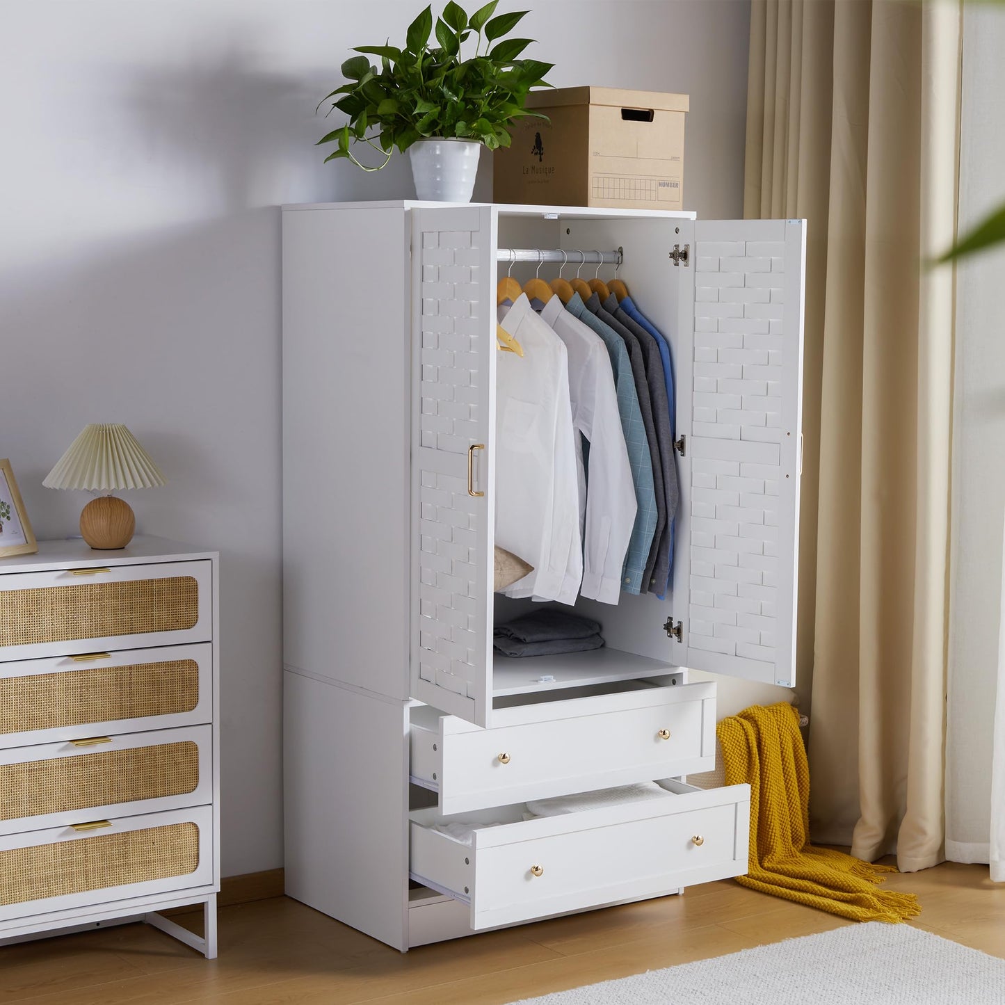 LEVNARY Armoire Wardrobe Closet with 2 Woven Doors, Wardrobe Cabinet with 2 Storage Drawers and Hanging Rail, Freestanding Wooden Closet for Bedroom (White)