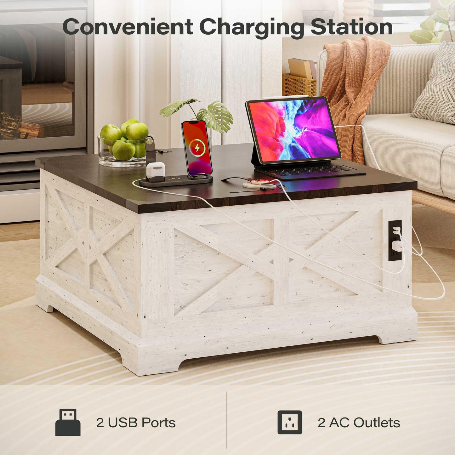 LAUSAINT HOME Farmhouse Lift Top Coffee Table with Large Hidden Storage Compartment, Wood Square Center Table with Lifting Top for Living Room, Home Office, White