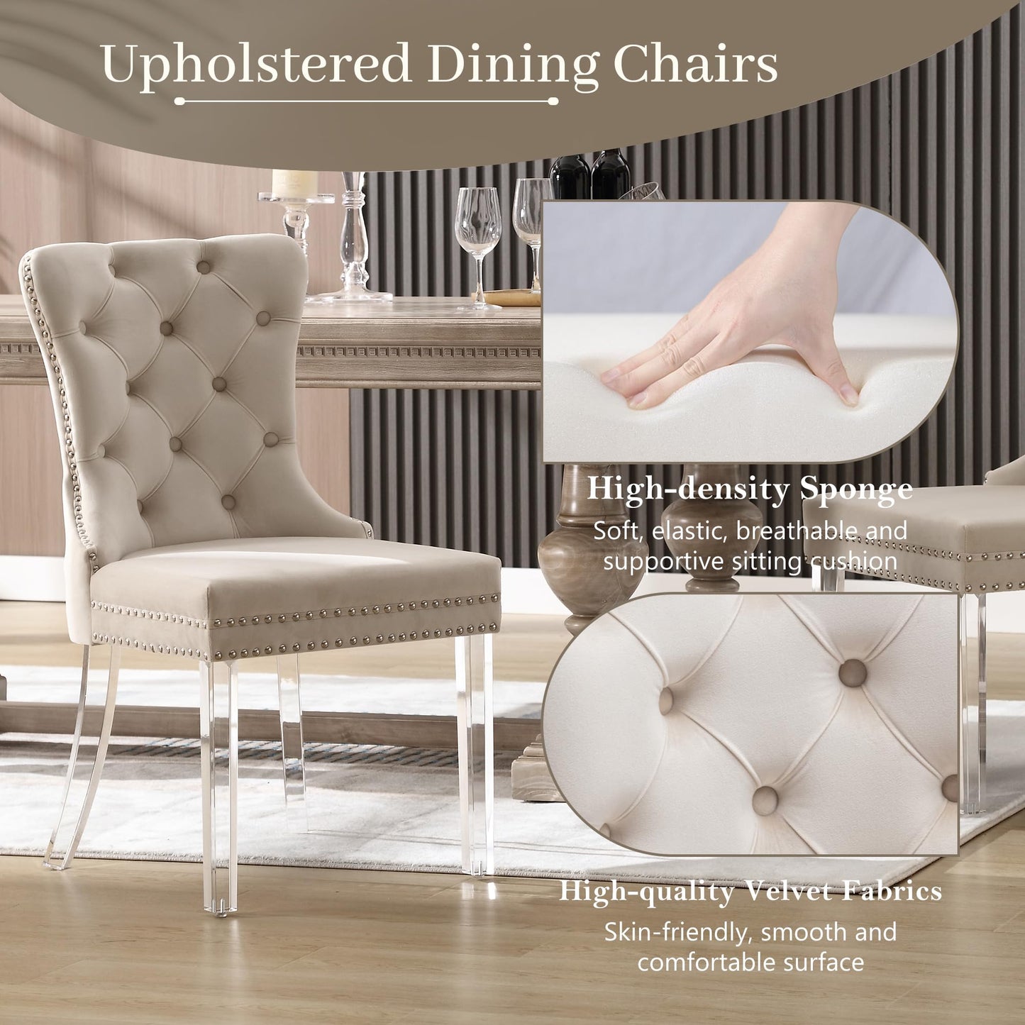 KCC Velvet Dining Chairs Set of 4, Upholstered Tufted Wingback Dining Room Chair with Nailhead Back Ring Pull Trim Solid Acrylic Legs, Contemporary Nikki Collection Style for Kitchen, Beige