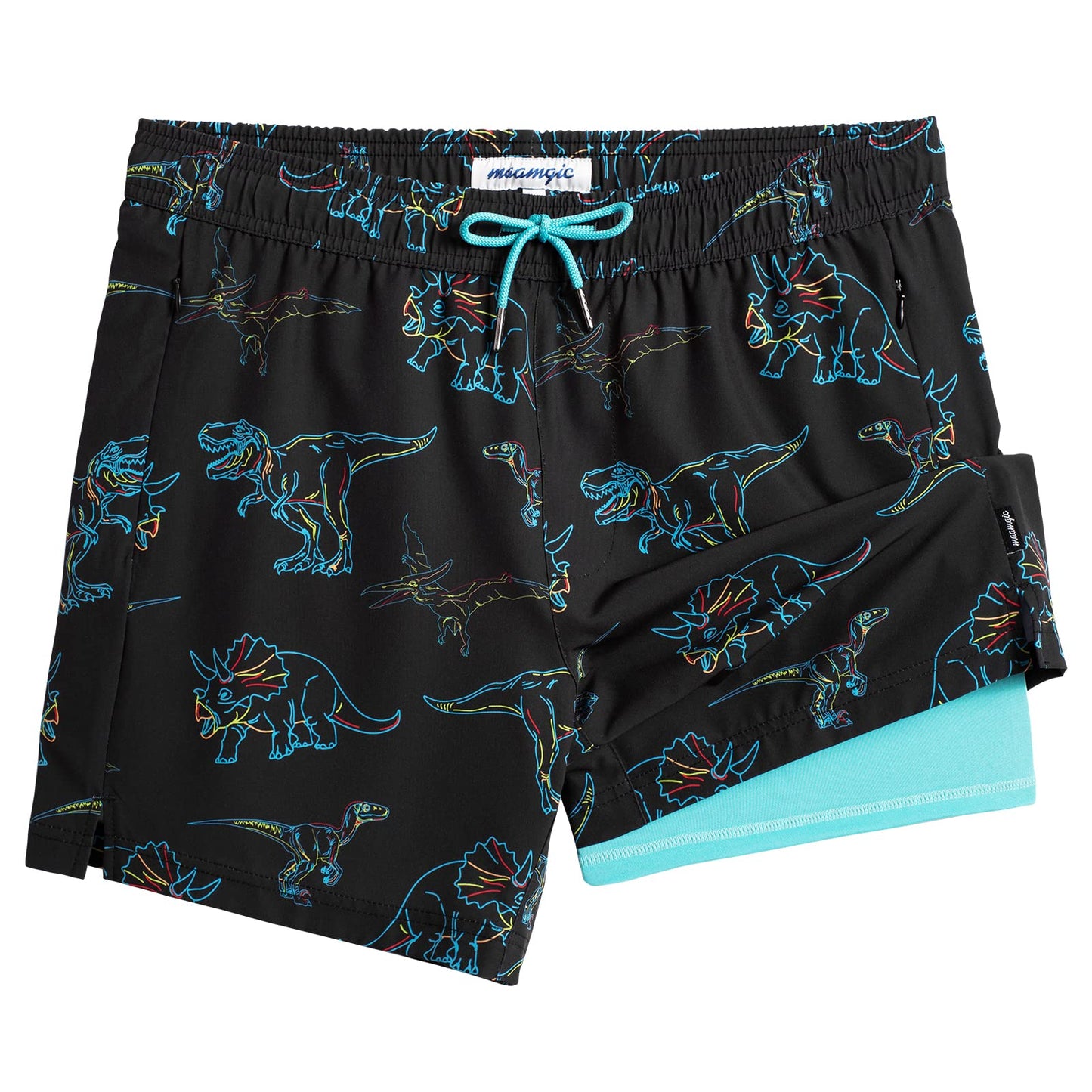 maamgic Mens Swim Trunks with Compression Liner 5" Stretch Athletic Swimming shorts Quick Dry with Zipper Pockets No-Chafing Board Shorts Black-Colorful Dinosaur XS
