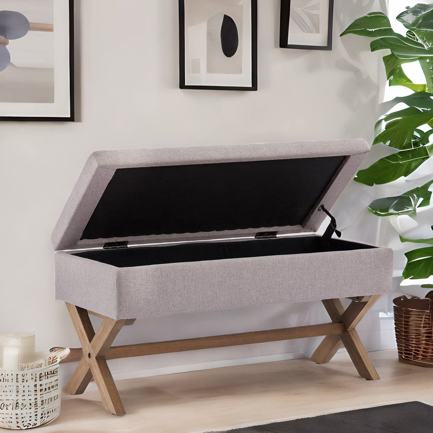 HUIMO 36-inch Entryway Bench with Storage,Dinning Benches Seat with X-Shaped Legs for Kitchen,Upholstered End of Bed Bench for Living Room, Bedroom.Storage Ottoman with Safety Hinge,Grey