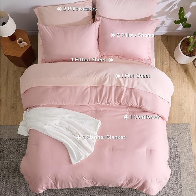Bedsure King Comforter Set Pink, 8 Pieces Prewashed King Size Bed in a Bag with Soft Fleece Bed Blanket, Down Alternative Bedding Set for All Seasons, Sheets, Pillowcases & Shams