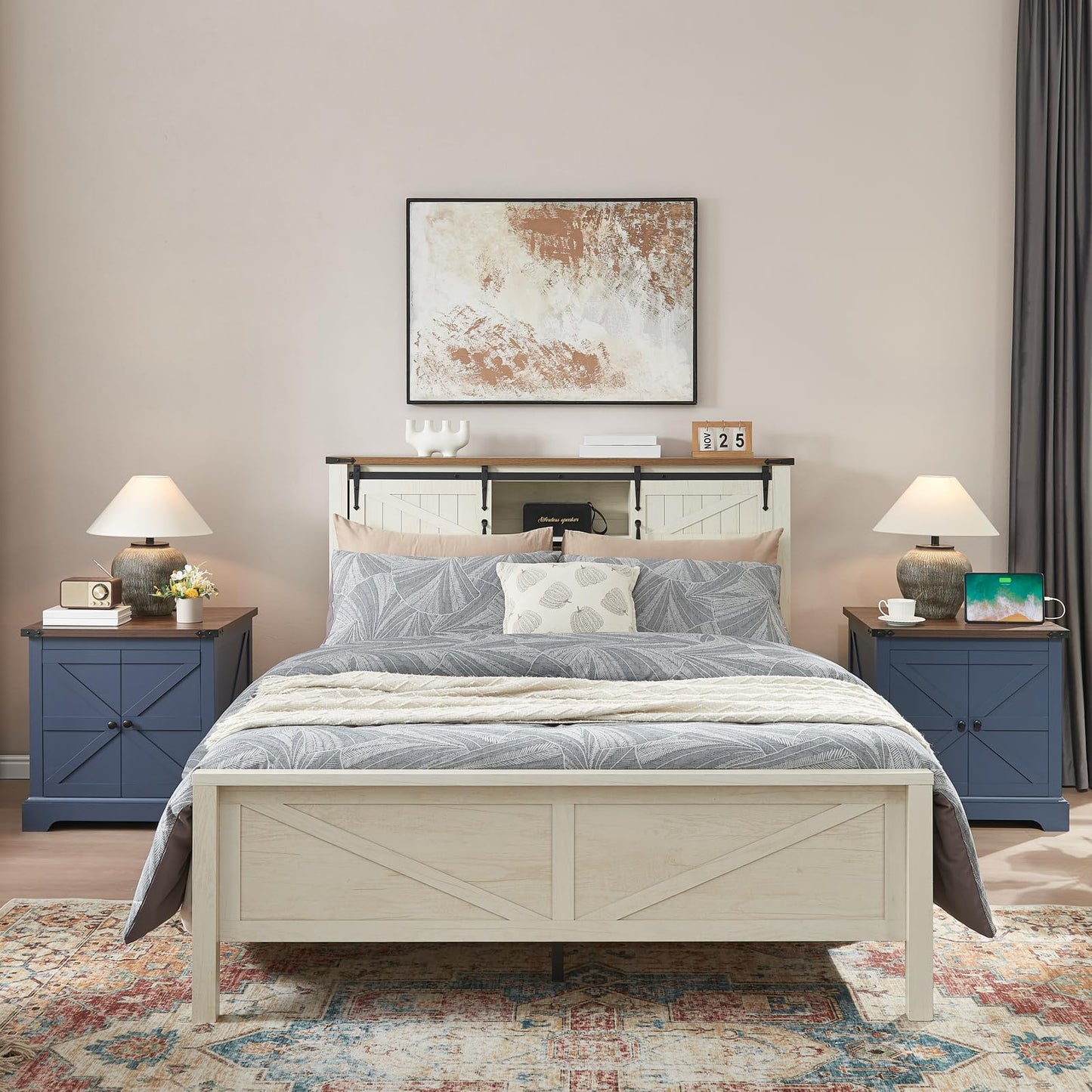 QUW 24" End Table with Charging Station, Bedside Table with Barn Door and Adjustable Shelves, Farmhouse Side Table, Nightstand for Bedroom, Living Room, Blue