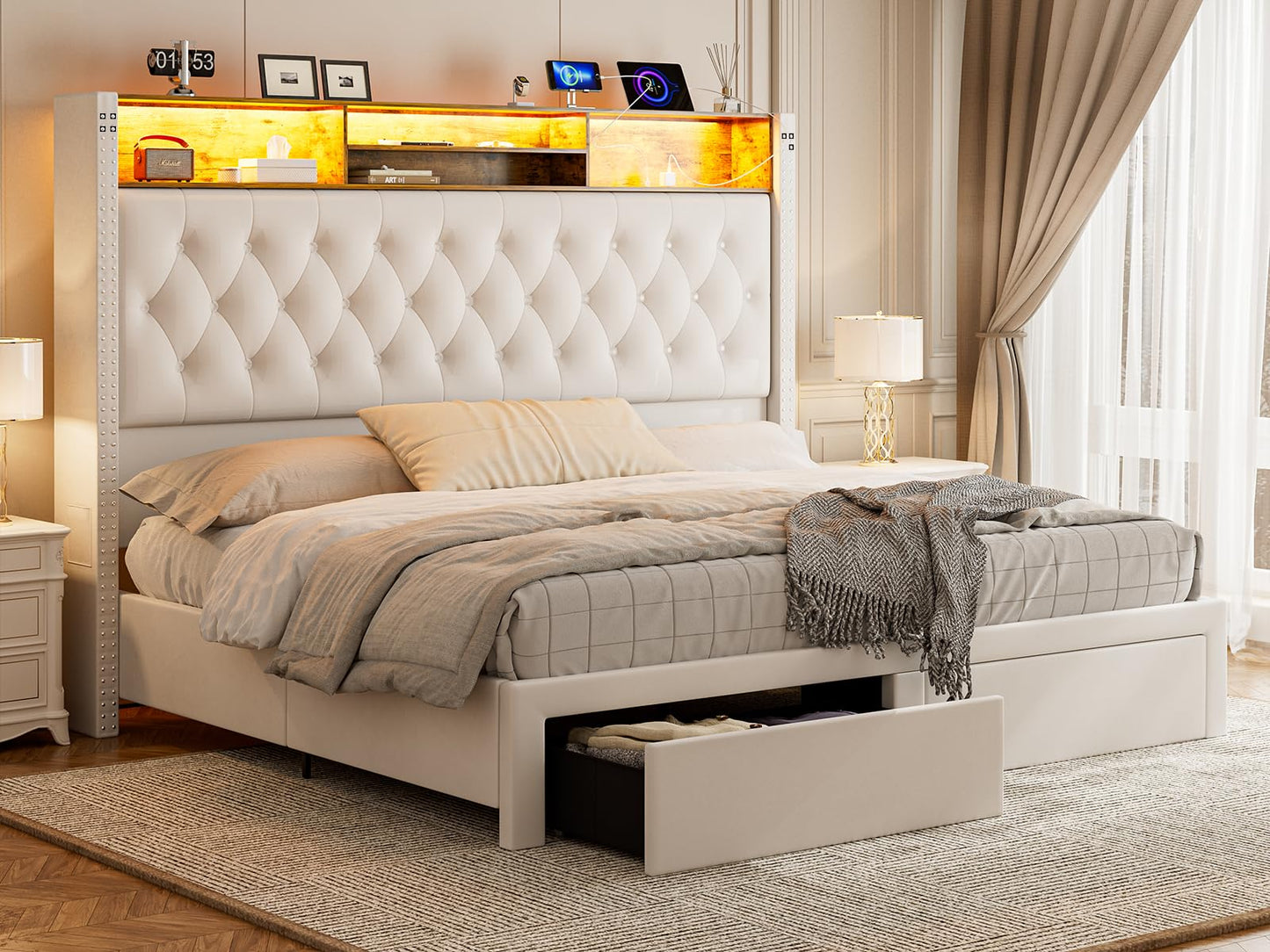 CIKUNASI Upholstered King Size Bed with Headboard & Storage - 60" Tall with 2 Drawers, Tufted Wingback Bed w/ LED Light & Charging Station - No Box Spring Needed