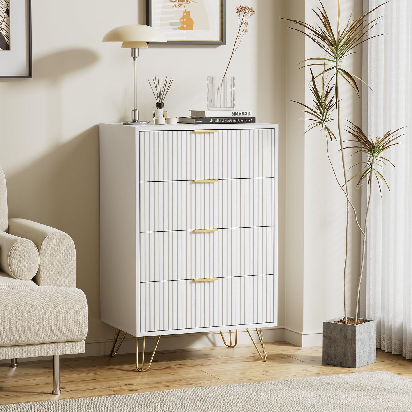 Furniway White Dresser for Bedroom, Modern Wide Dresser with Gold Pulls and 4 Drawers for Bedroom, Closets, 15.7" D x 23.6" W x 37.4" H