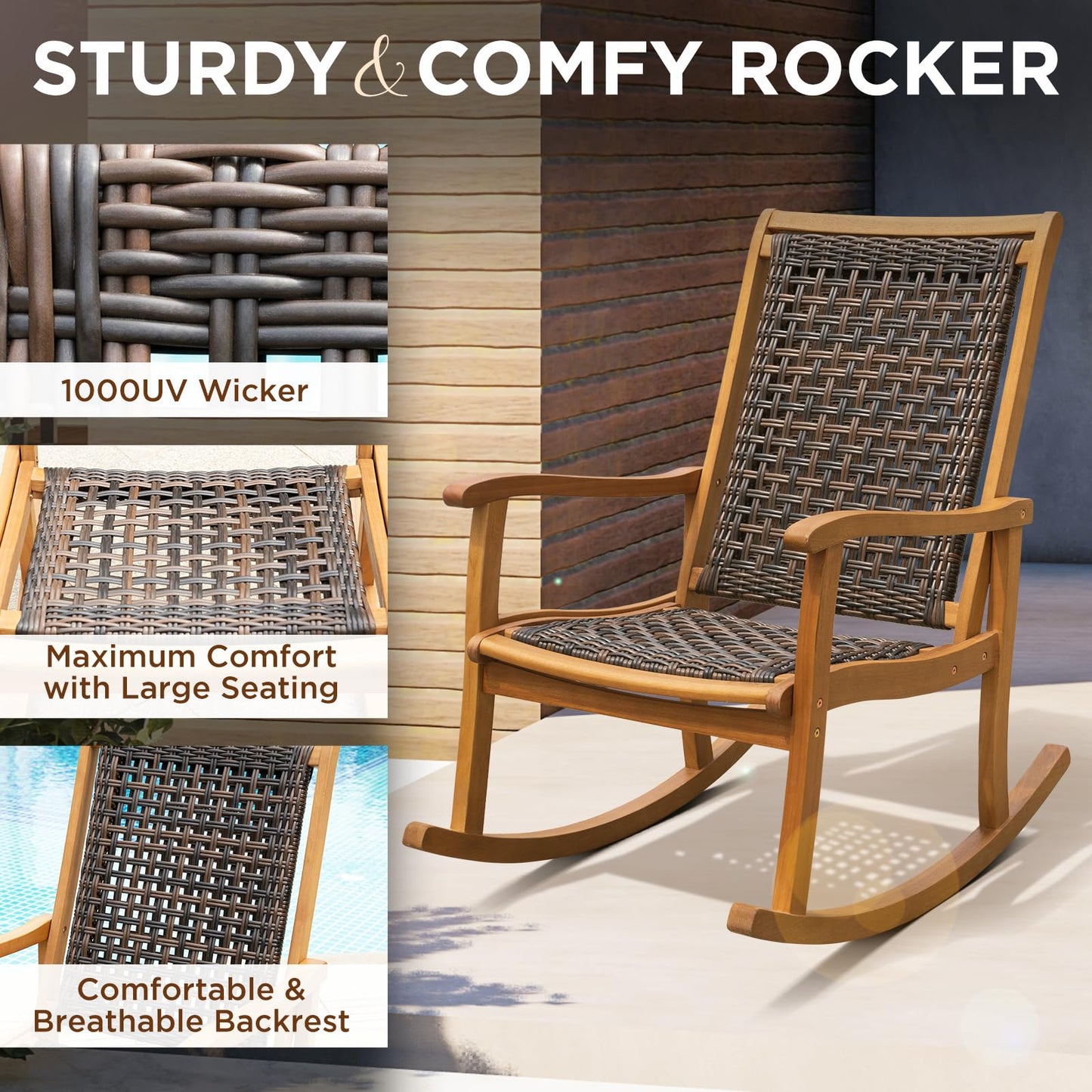 IDZO Wood Wicker Rocking Chair, 400 lbs Capacity, Durable Eucalyptus Wood, Natural Finish, Comfortable Curvy Design, Ideal for Deck, Patio Furniture, and Outdoor Furniture Accent Chair