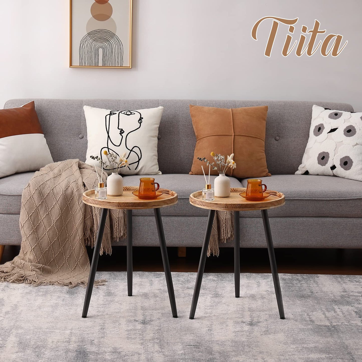 Tiita Round End Table Mental Side Table Nightstand/Small Wood Tables Accent Coffee Table with Wooden Tray for Living Room Bedroom Office Small Space