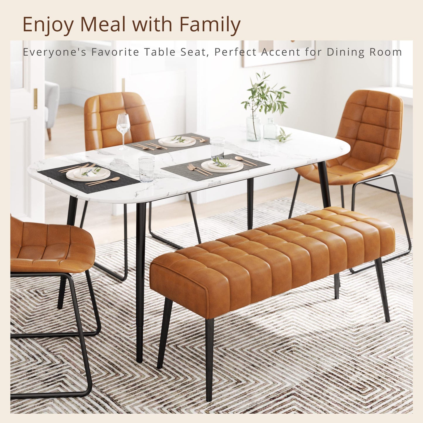 LUE BONA Entryway Bench, 44.5'' Leather Upholstered Bedroom Benches, End of Bed Bench with Metal Legs, for Decorative, Living Room, Dining Room, Whiskey Brown
