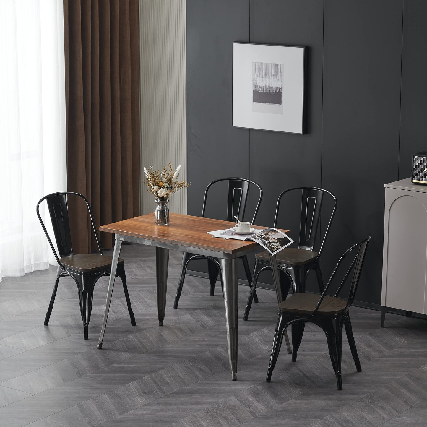 Nazhura Metal Dining Chair Farmhouse Tolix Style for Kitchen Dining Room Café Restaurant Bistro Patio, 18 Inch, Stackable, Waterproof Indoor/Outdoor (Sets of 4) (Black with Wood Padding)