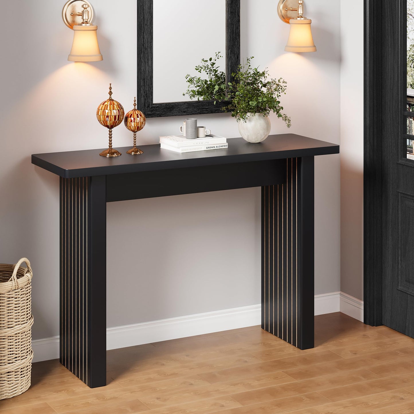 RUSTYER Fluted Entryway Console Table, Wooden Rectangular Sofa Table for Entrance, Narrow Wood Entryway Small Long Entry Table for Hallway, Living Room (Black)