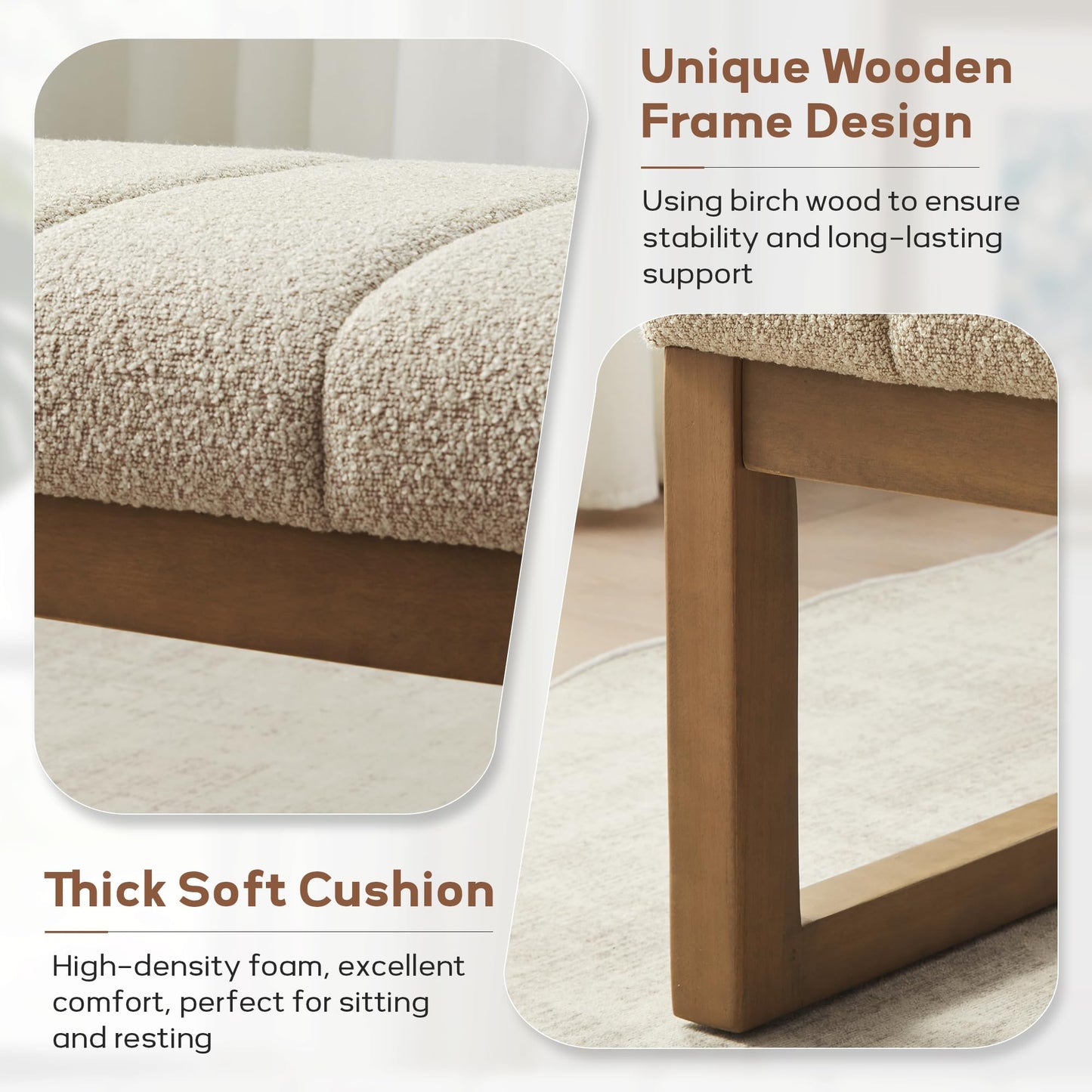 Zihanhome 52.7" Bedroom Bench for End of Bed, Modern Upholstered Teddy Fabric Entryway Bench & Dining Bench, Footrest Stool Bench with Solid Wood Frame for Bedroom, Living Room (Camel)