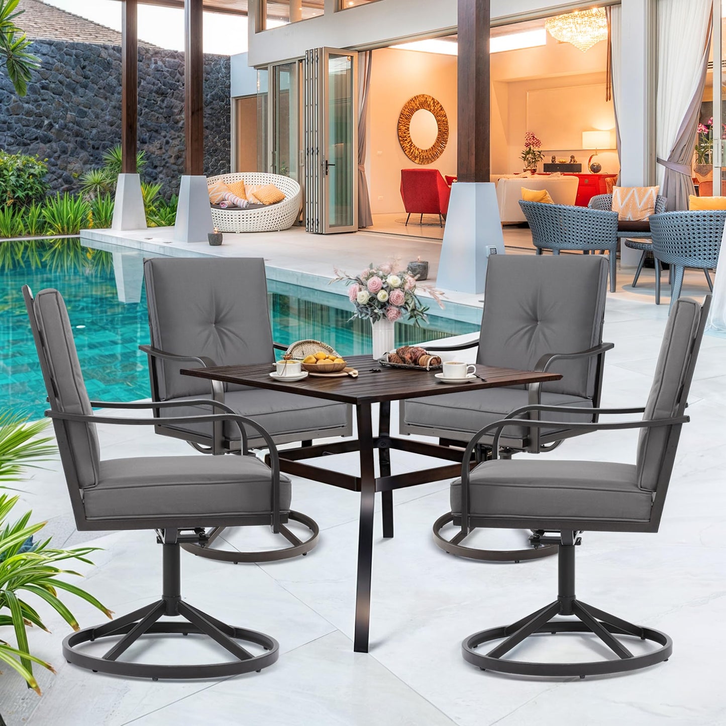 GOOGIC Patio Swivel Chair Set of 2,Heavy Duty Outdoor Dining Chairs with Thickened Cushions,Metal Patio Chairs Gentle Rocker for Outside,Garden Lawn & Porch Backyard, Grey