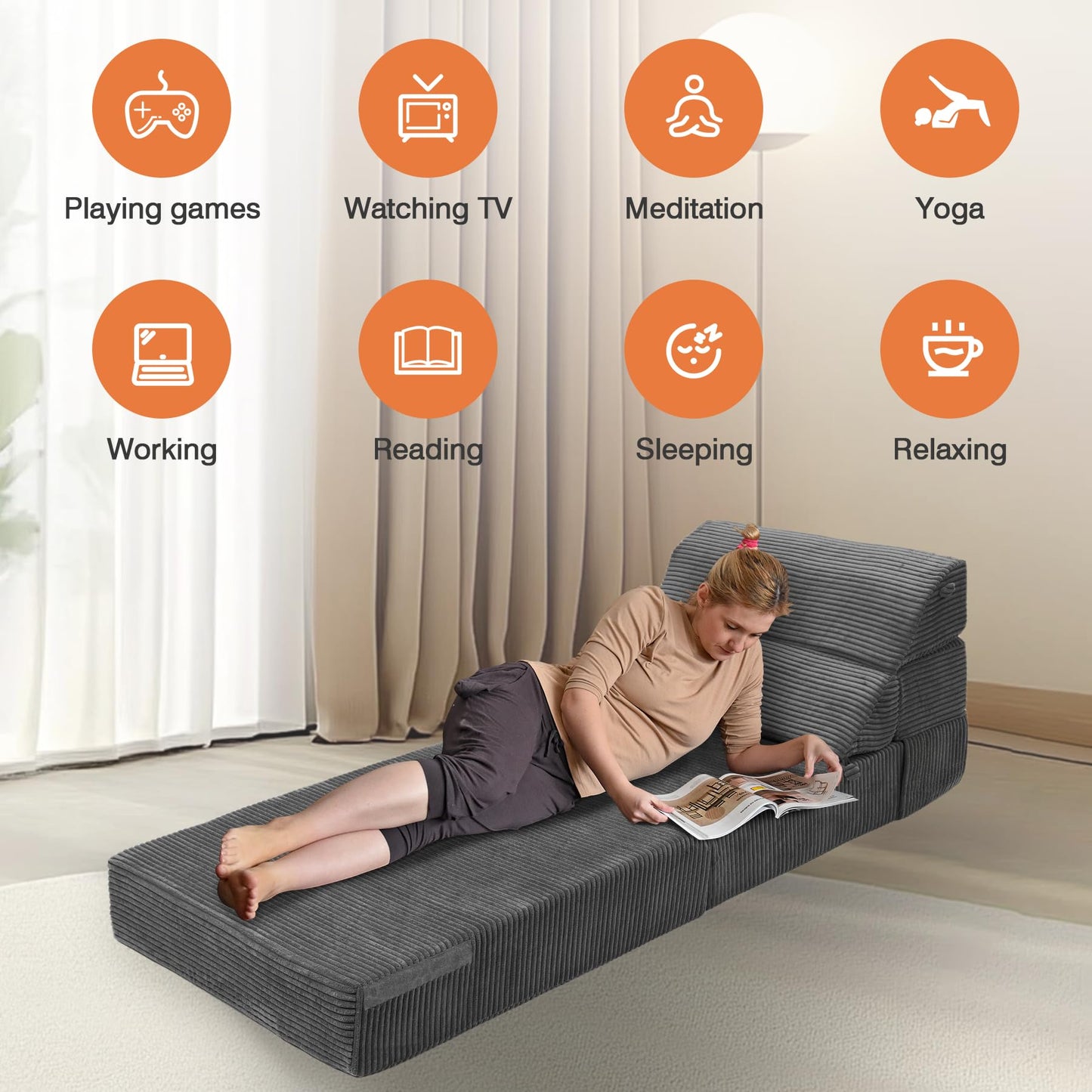 LitaiL Comfy Folding Sofa Bed - Dark Grey Convertible Sleeper Sofa Fold Out Sleeper Chair Couch for Living Room Bedroom Guest, Foldable Floor Chair Corduroy Lounger Mattress with Back Support