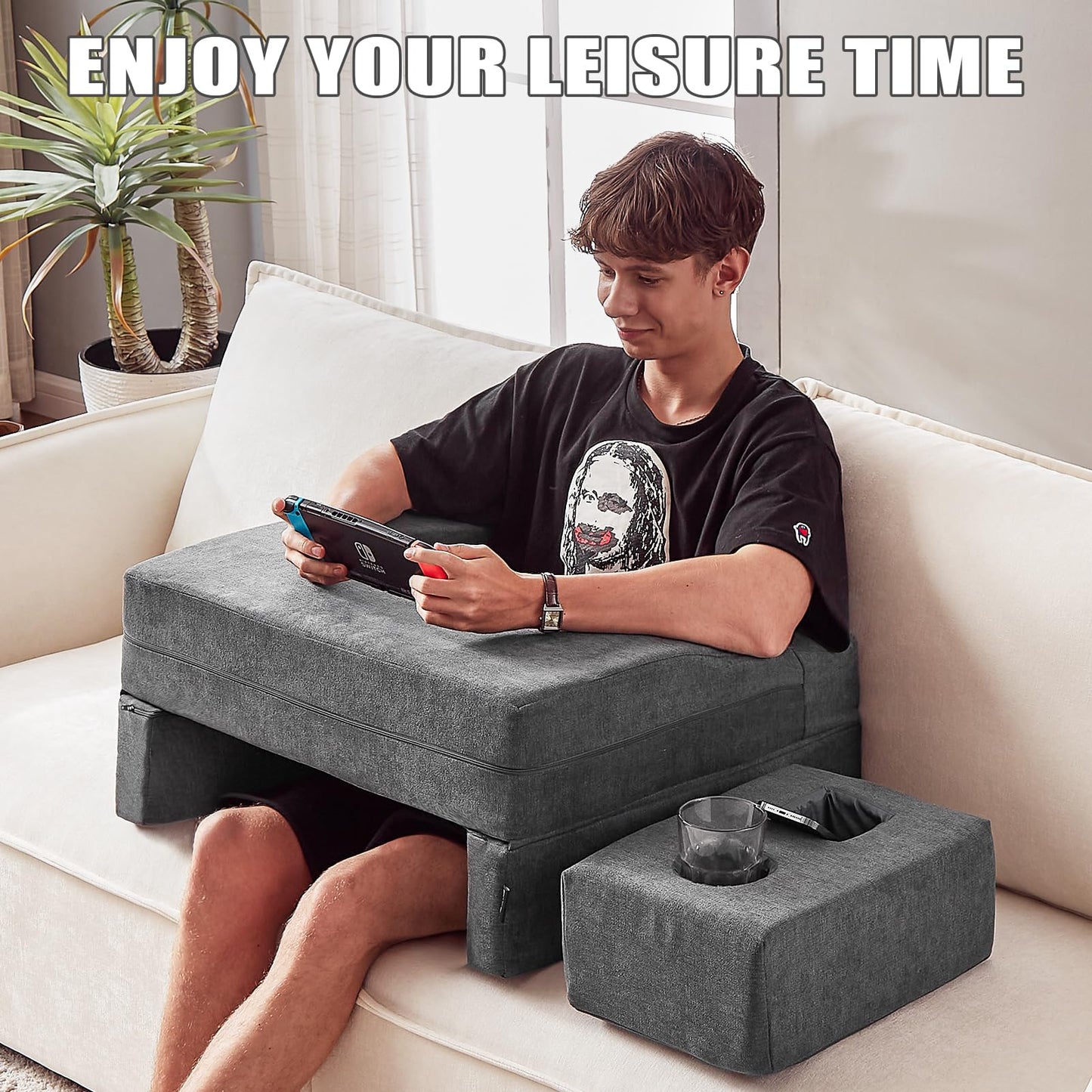 Comehealthy Lap Desk Pillow for Laptop, Large Reading Pillow for Adult, Arm Rest Pillow with Cup Holder, Memory Foam Bed Desk for Working, Gaming, Reading, Laptop Desk for Couch Bed Floor(Grey)