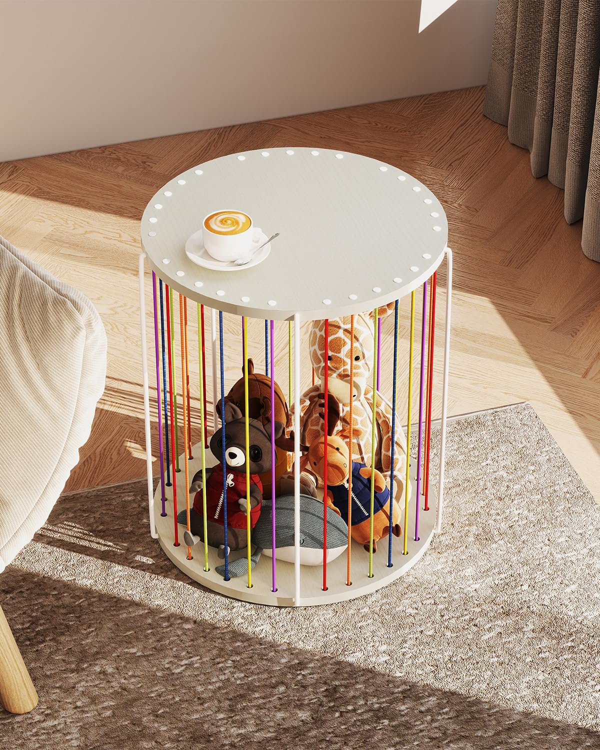 KJGKK Round Side Table, Circle End Table with Elastic Rope and Wire Frame, Modern Nightstand, for Living Room, Bedroom, Color & White