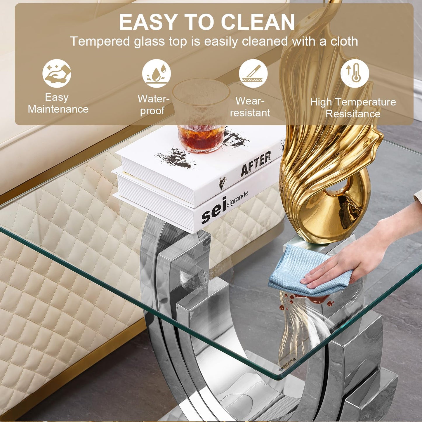 Pvillez Glass End Table with Silver Ring-Shaped Stainless Steel Base, Sqaure Sofa Side Table for Living Room, Clear Glass Accent End Tables Bedside Tables Nightstand for Bedroom Home Office
