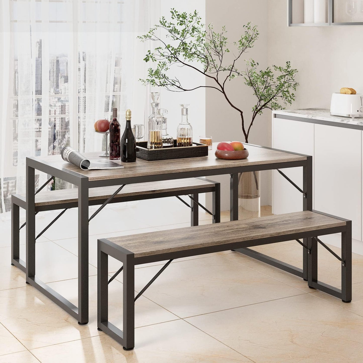 Gizoon 45.5" Dining Table Set for 4 with 2 Benches, Kitchen Table Set with Metal Frame & MDF Board, Space-Saving Dinette for Kitchen, Dining Room -Grey