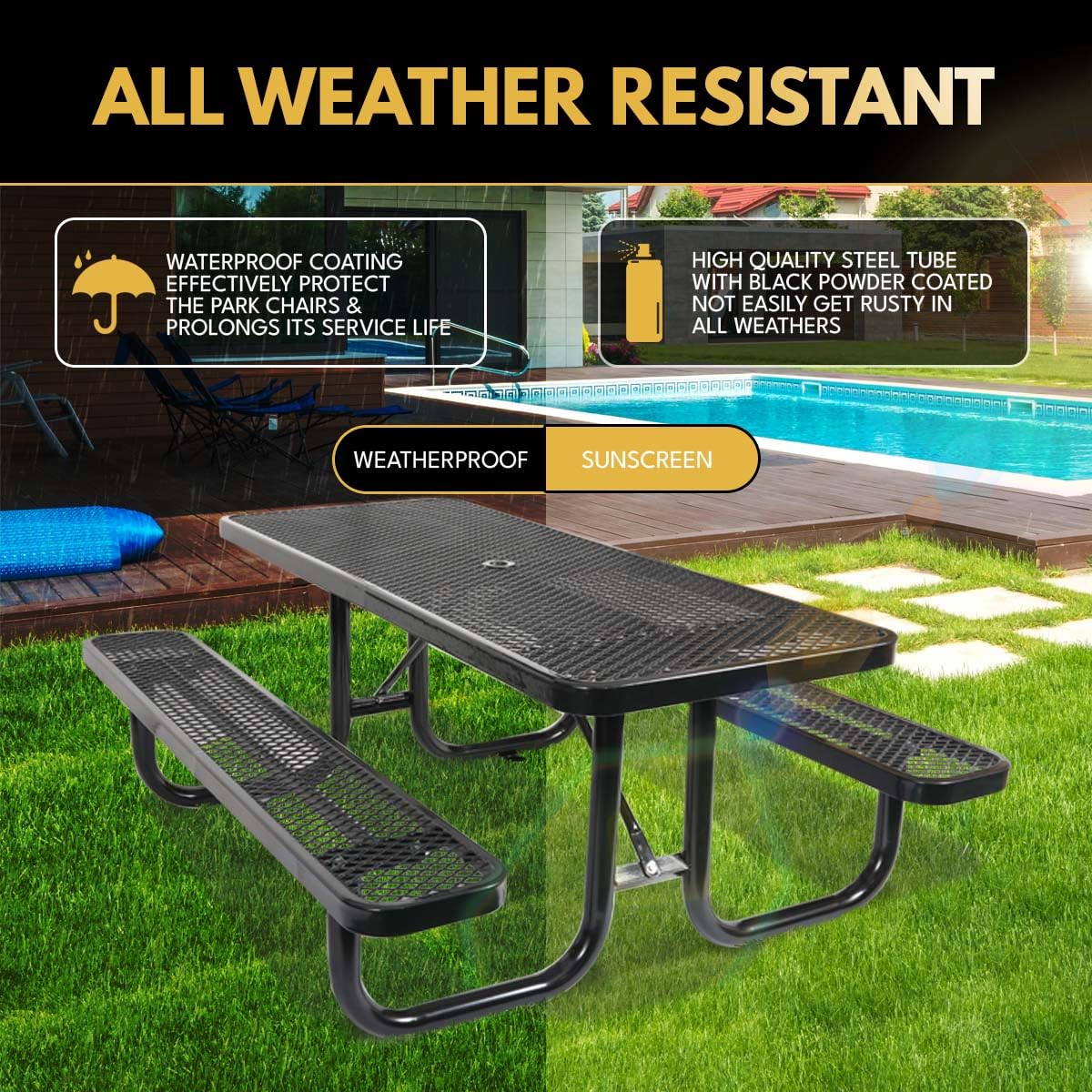Anqtovp 6 ft. Heavy-Duty Steel Outdoor Picnic Table with Umbrella Pole,Rectangular Weather-Resistant Dining Table for Backyard,Black
