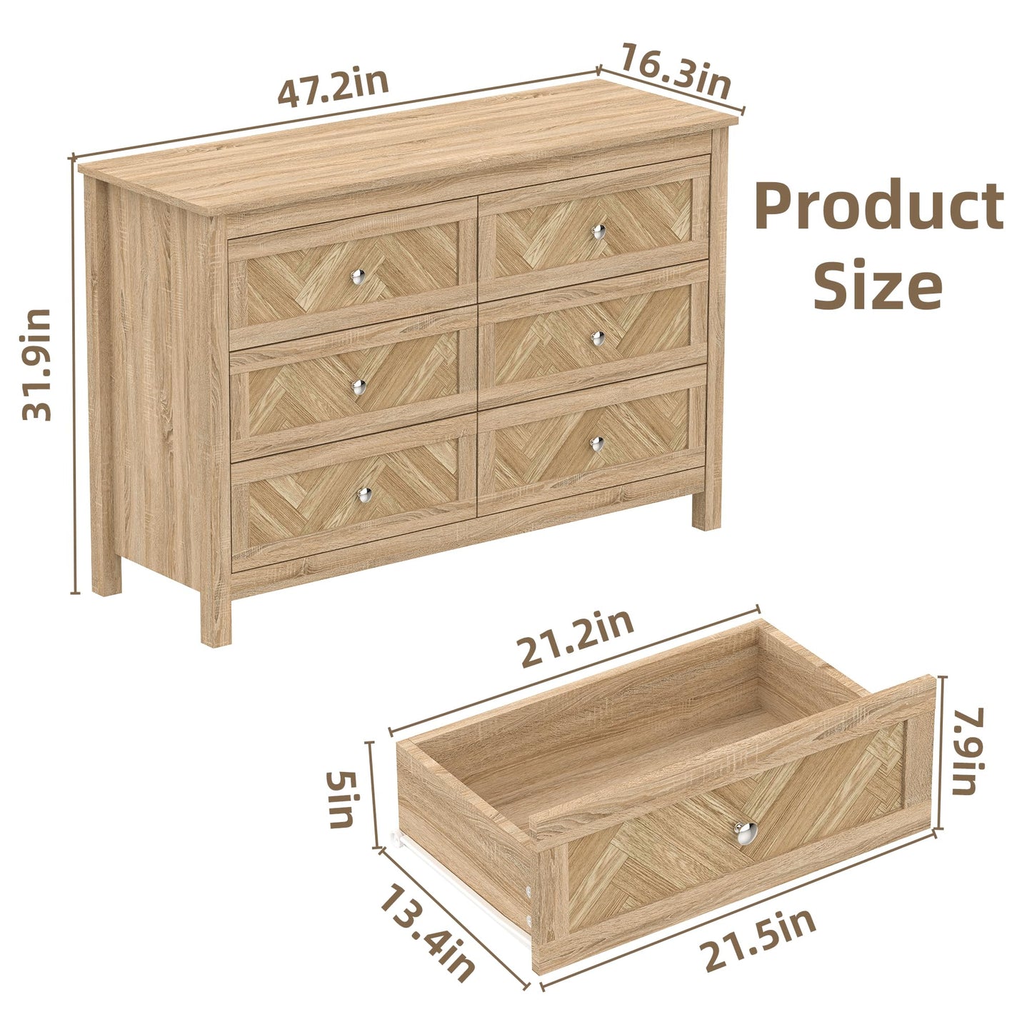 HXZDZ 3 Pieces Bedroom Set with 6 Drawer Dresser and 2 Drawer Nightstands, Wooden Dresser and Nightstands for Bedroom, Natural Wood Grain